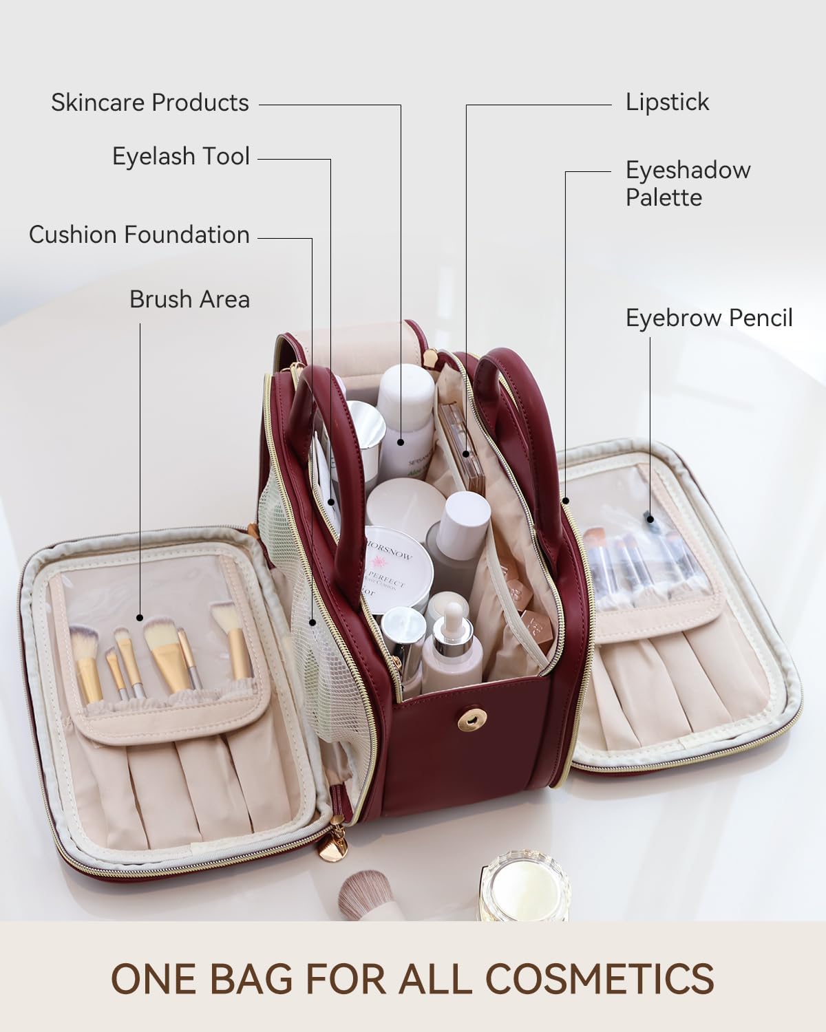 Prite Makeup Bag for Women, Large Capacity Waterproof Travel Cosmetic Organizer, Portable Open Flat Toiletry Bag with Free-standing Brush Holder and Handle (Burgundy Large)