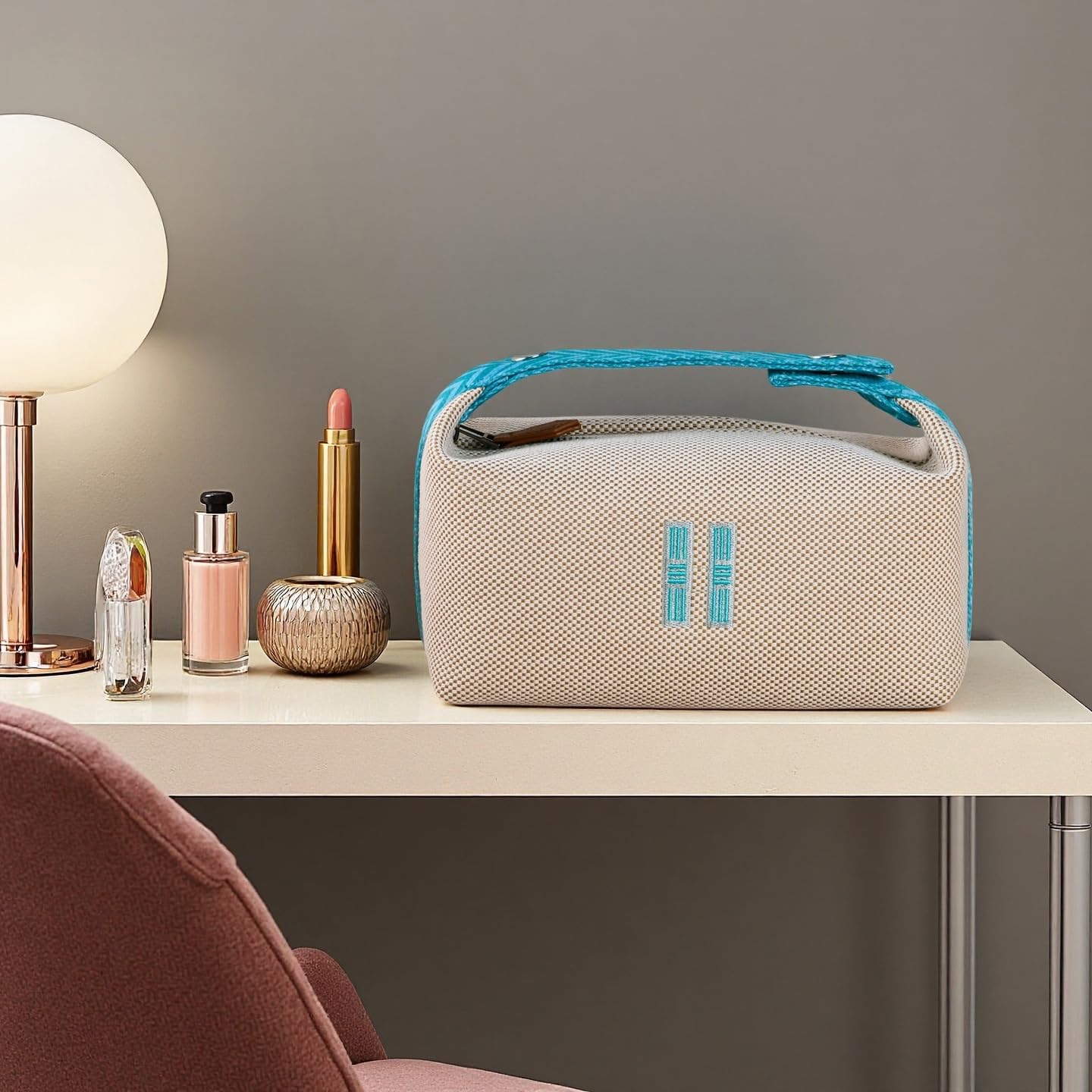 Fashion Makeup Bag for Women, Orange Red Canvas Make up Travel Bag, Hanging Cosmetic Bag Organizer for Wome