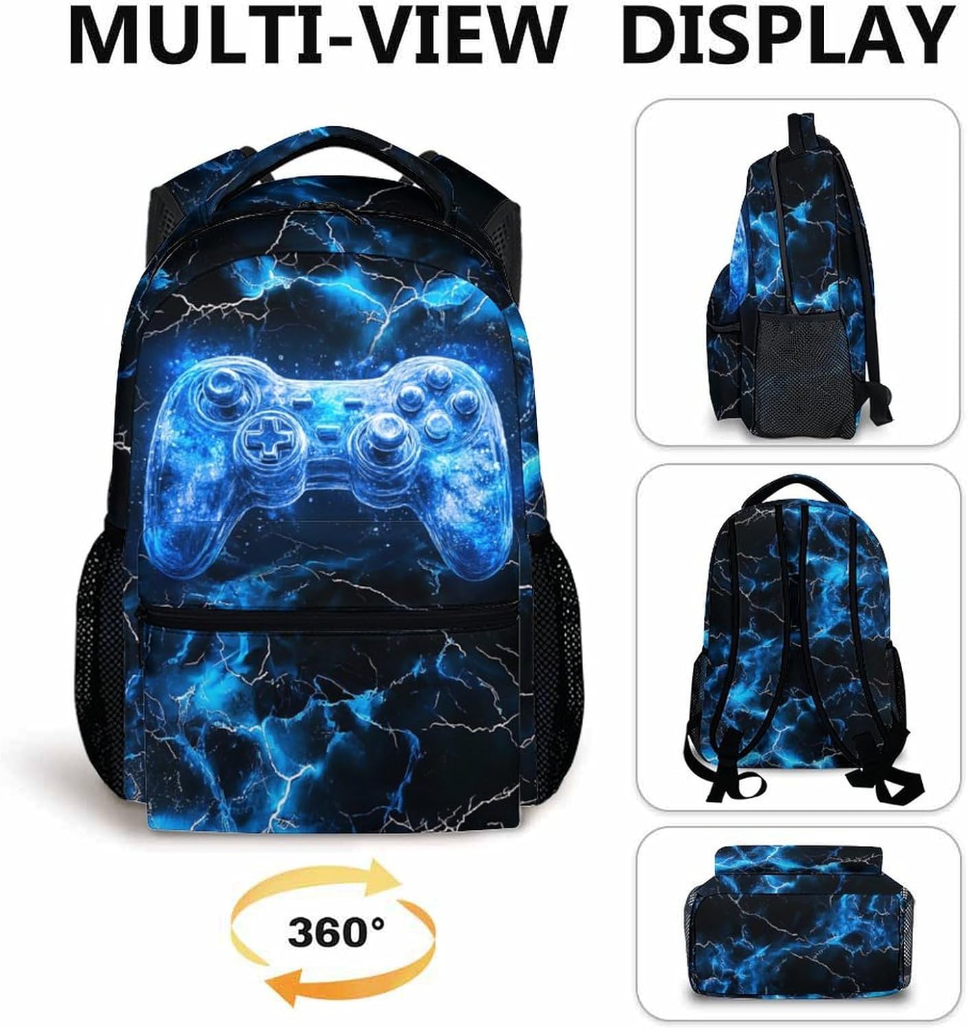 Kids Backpacks, Boys Bookbag, 17 Inch Colorful Blue Gamer Backpack for Teen Boys, Cool Leisure Schoolbag Gift for Travel, Work School Vacation
