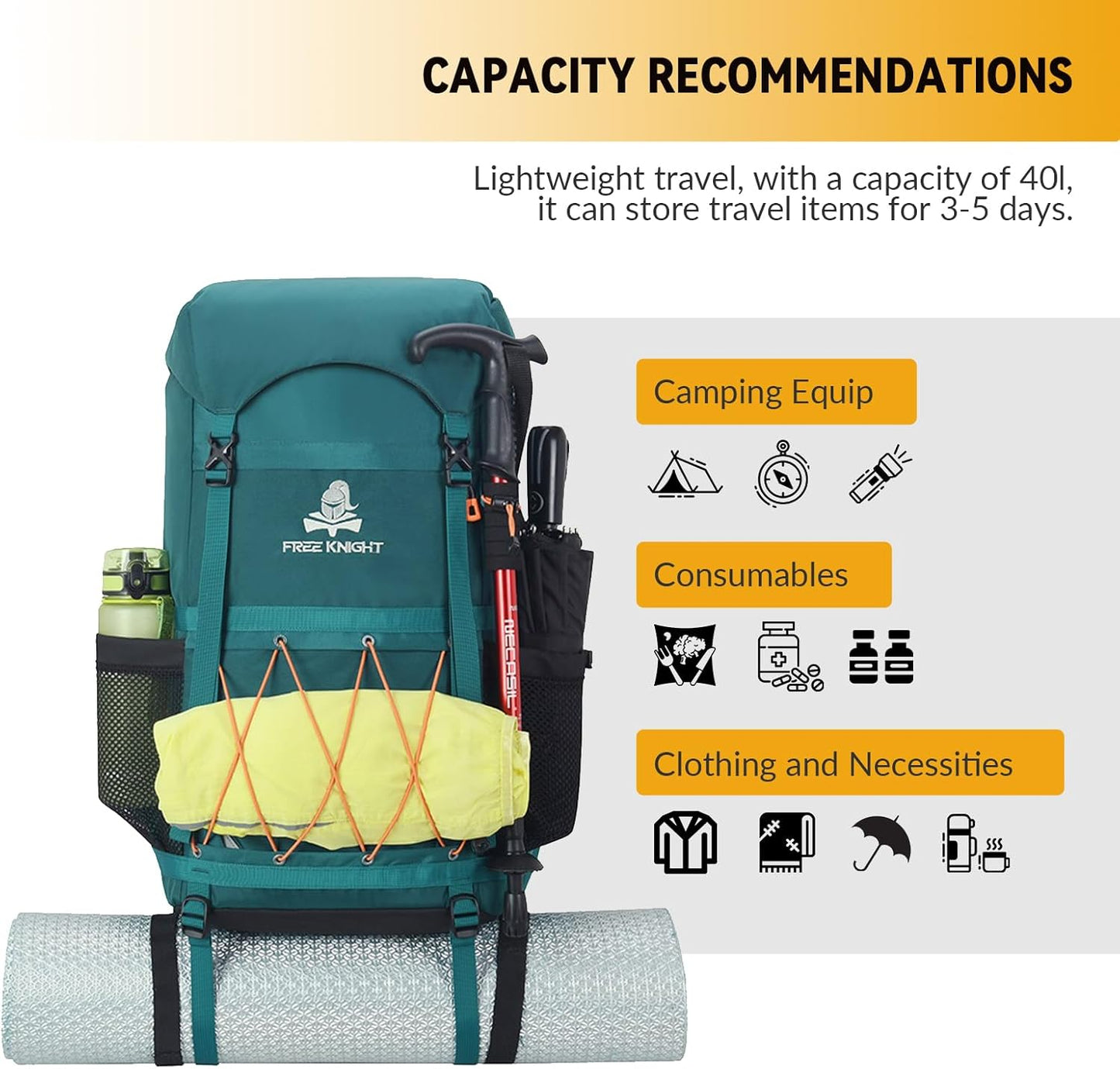 Bseash 40L Waterproof Hiking Backpack with Rain Cover, Outdoor Sport Travel Bag Daypack for Camping Climbing Skiing Cycling (Khaki)