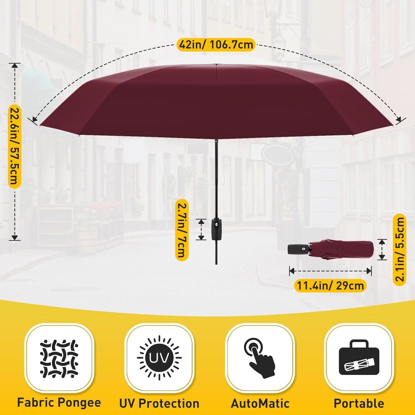 Windproof Travel Umbrella, Compact Umbrella, Car Umbrellas for Rain & Sun, 8 Fiberglass Ribs for Strong UV & Wind Resistance, Portable, Lightweight, Vent, Easy Automatic Open/Close