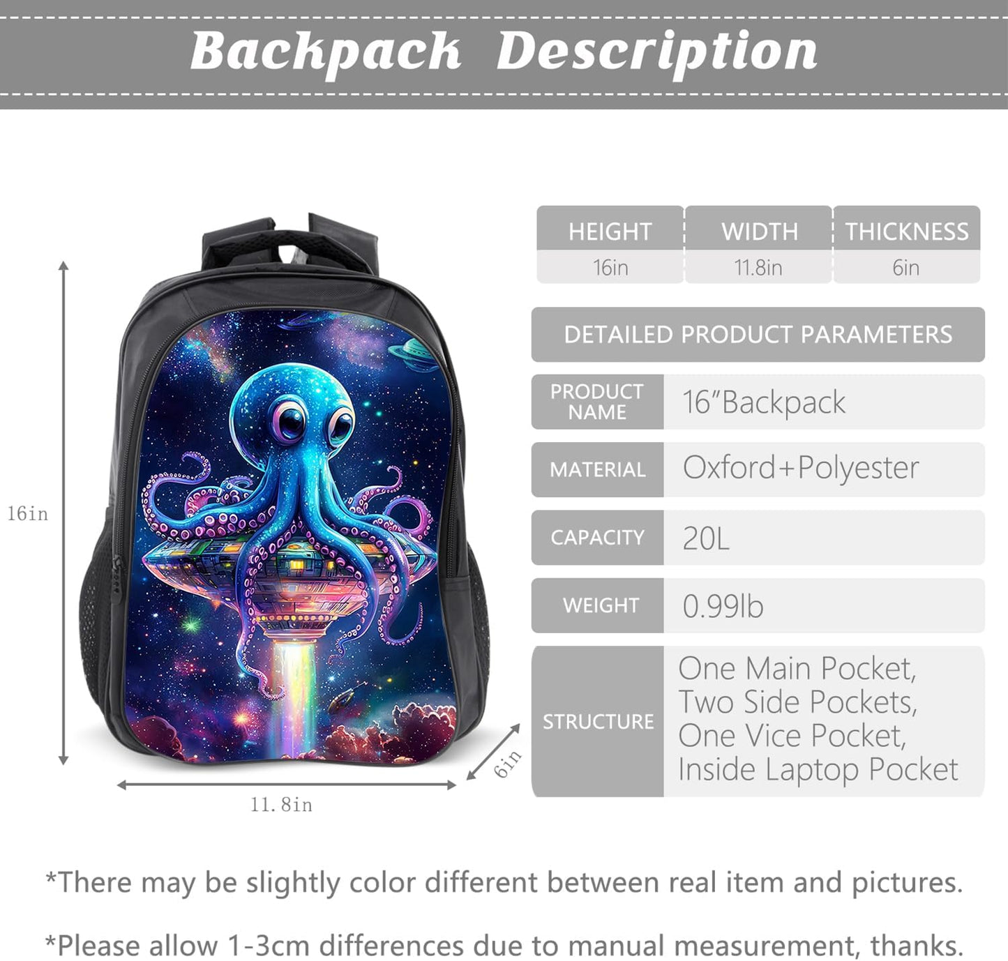 Klymax Octopus Backpack Space Galaxy Animal Spacship Kids Schoolbag with Lunch Box Bag Pencil Bag 3pcs Bookbag Sets for Boys Girls