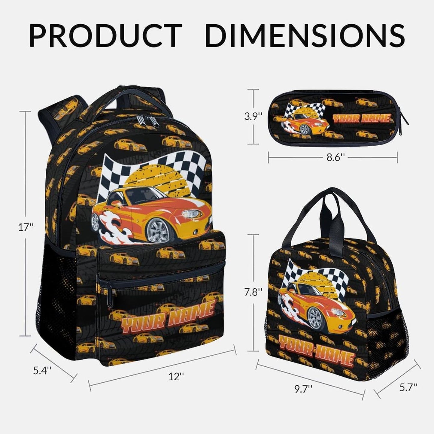 School Backpack for Boys - Personalized 3 in 1 Cool Racing Car Bookbag for Teens Kids - 17 Inch Custom Backpacks with Lunch Bag and Pencil