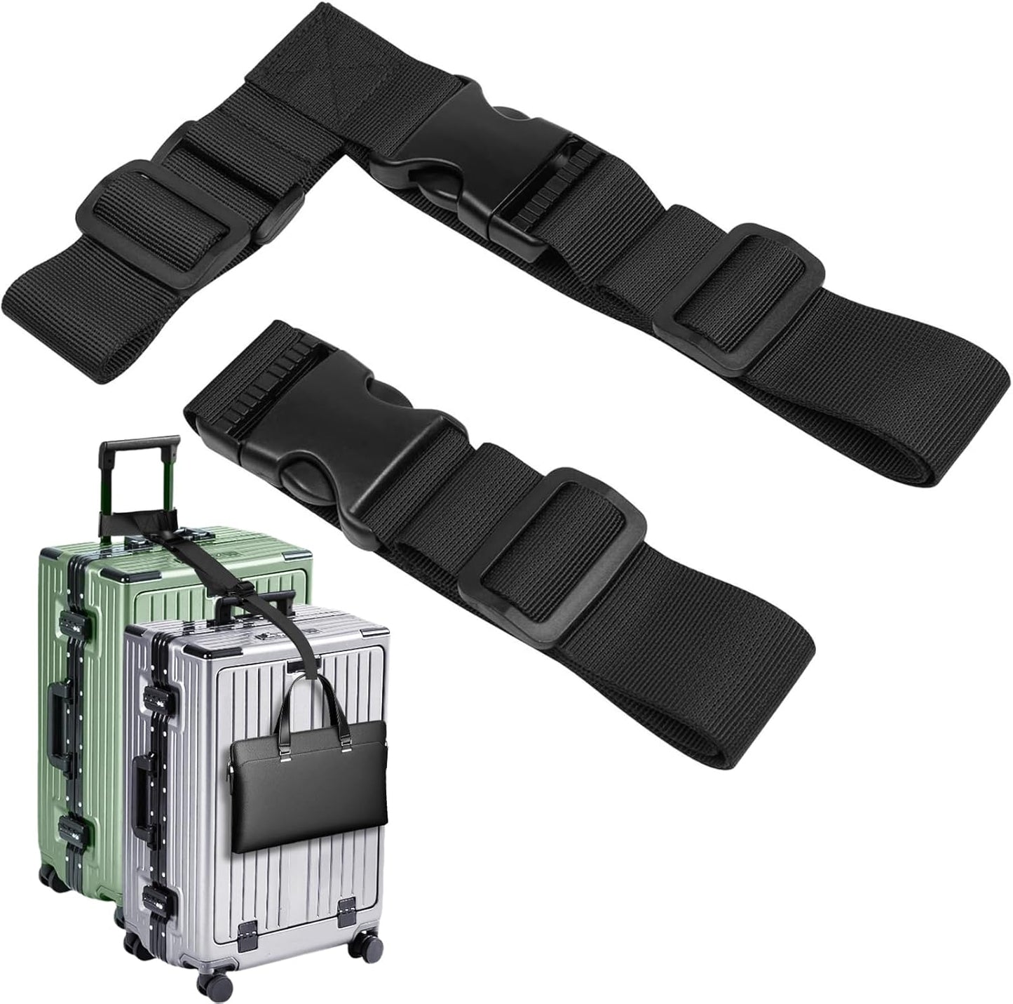 2 Pack Luggage Straps for Suitcases, Luggage Straps to Connect Two Suitcases, Adjustable T-Type and Normal Suitcase Straps for Connect 3 Luggage Together (Black)