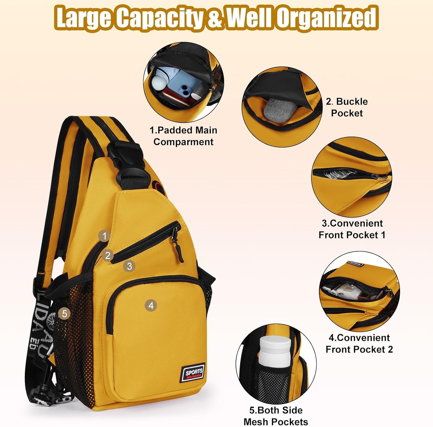 Sling Bag for Women Man Sling Backpack with Convertible Shoulder Strap Casual Backpack Daypack for Travel, Hiking and Daily Commute, (Yellow, Small)