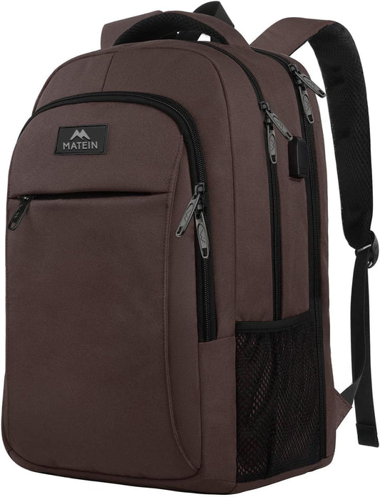 MATEIN Laptop Backpack, Extra Large TSA Friendly 17.3 Inch Travel Computer Backpack with USB Charging Port, Anti Theft Carry On Flight Approved Business Work College Backpack Bag for Men Women, Brown