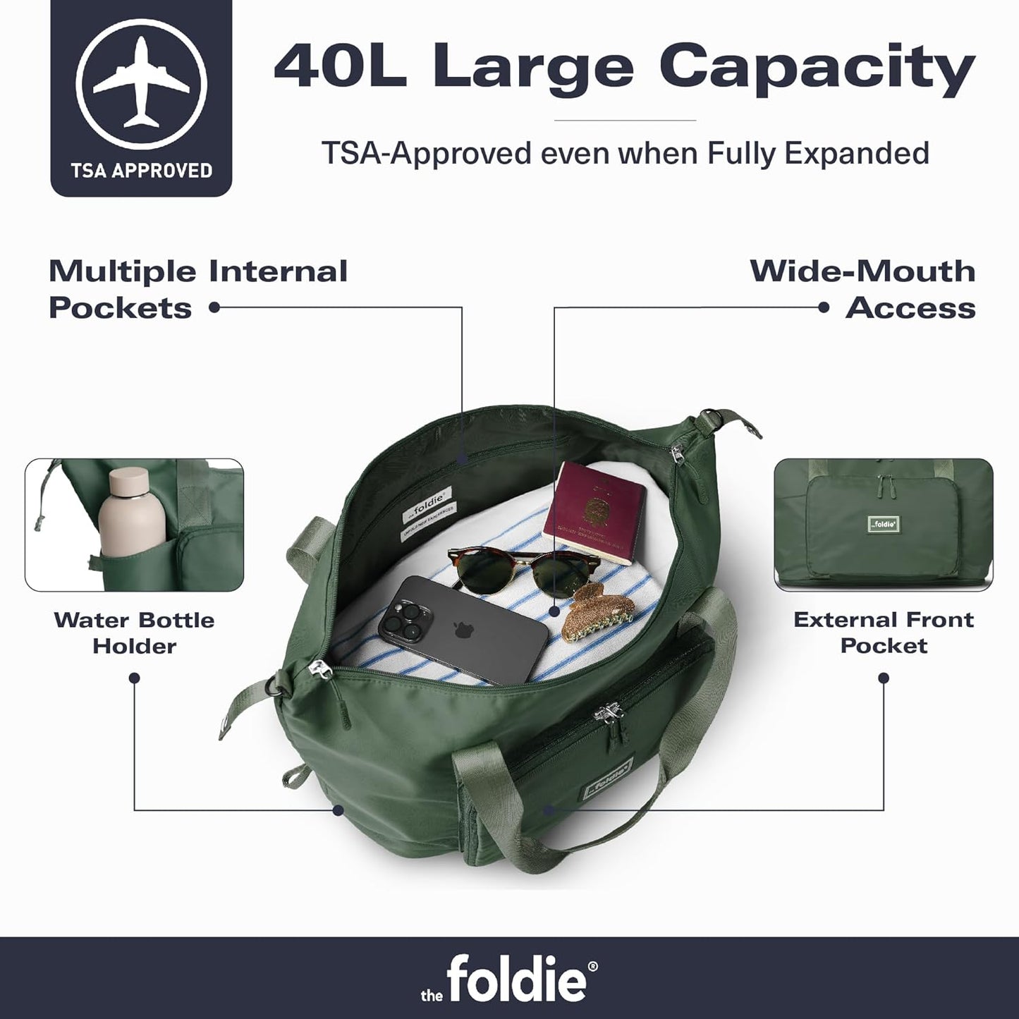 The Foldie Foldable Travel Bag for Women - 40L Weekender Bag with Multiple Pockets - Carry On Expendable Travel Bag