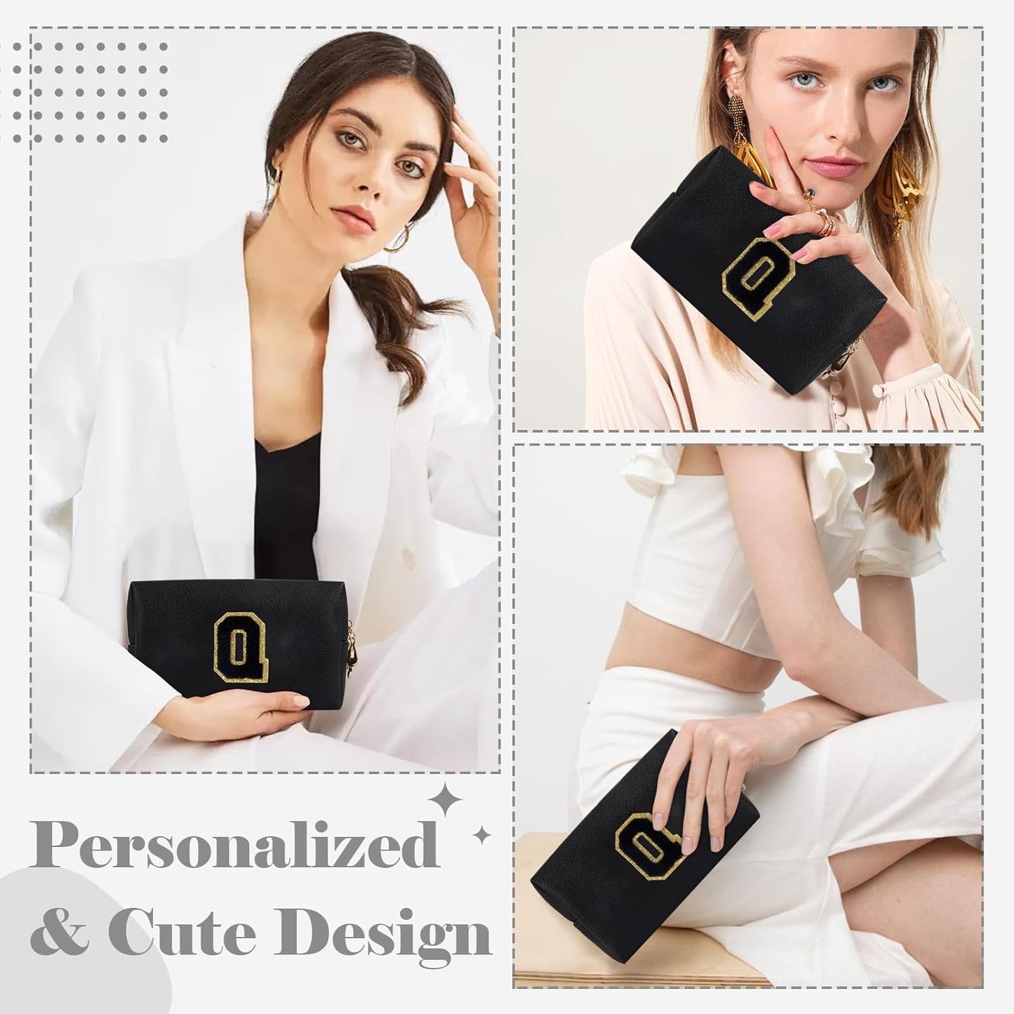 Personalized Initial A-Z Preppy Patch Makeup Bag,Small PU Chenille Letter Cosmetic Bag with Zipper for Teen Girls,Black Cute Toiletry Organizer Bag,Monogram Makeup Case Gift for Women Girls,Letter Q