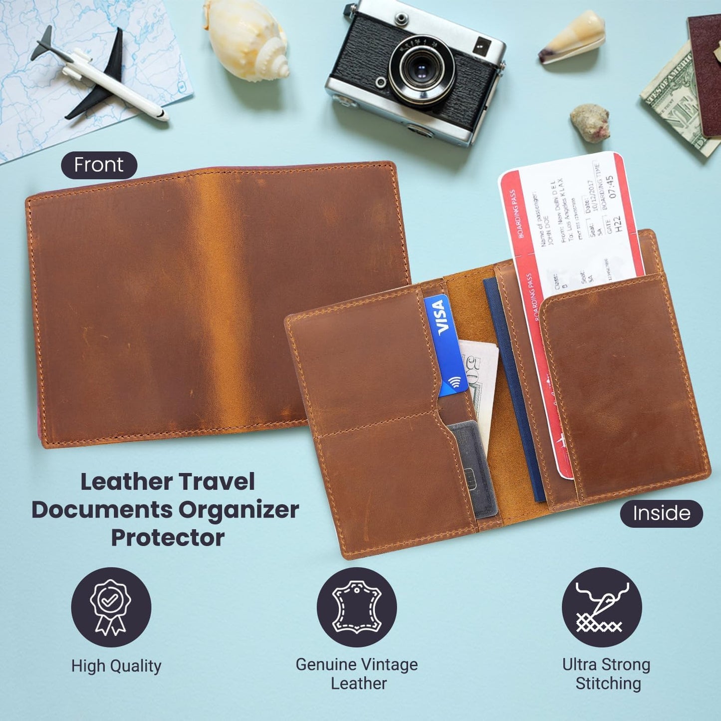 Leather Passport Holder with Travel Wallet, Genuine Leather Passport Cover- Passport Wallet, Leather Folding Wallet for Passports (Straight Cut, Brown)