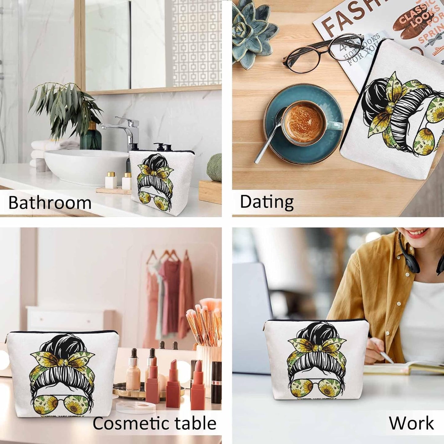 Women Makeup Organizer Bag Sunflower Woman, Messy Bun Woman Sunflowers Glasses Flax Cosmetic Bag Makeup Bags Toiletry Bag Accessories Organizer Travel Bags For Home Bathroom Office Hotel Gym