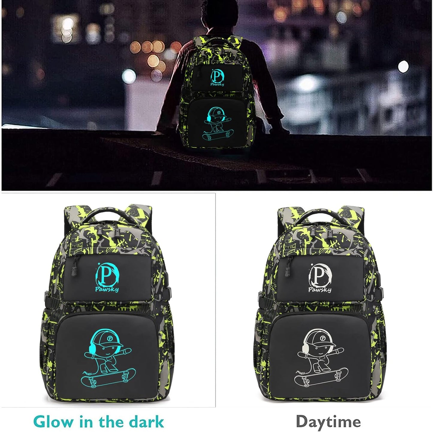 Kids Backpack for School, Boys Backpacks with USB Charging Port, College Elementary School Bookbag Lightweight Laptop Bag with Sling Bag, Green