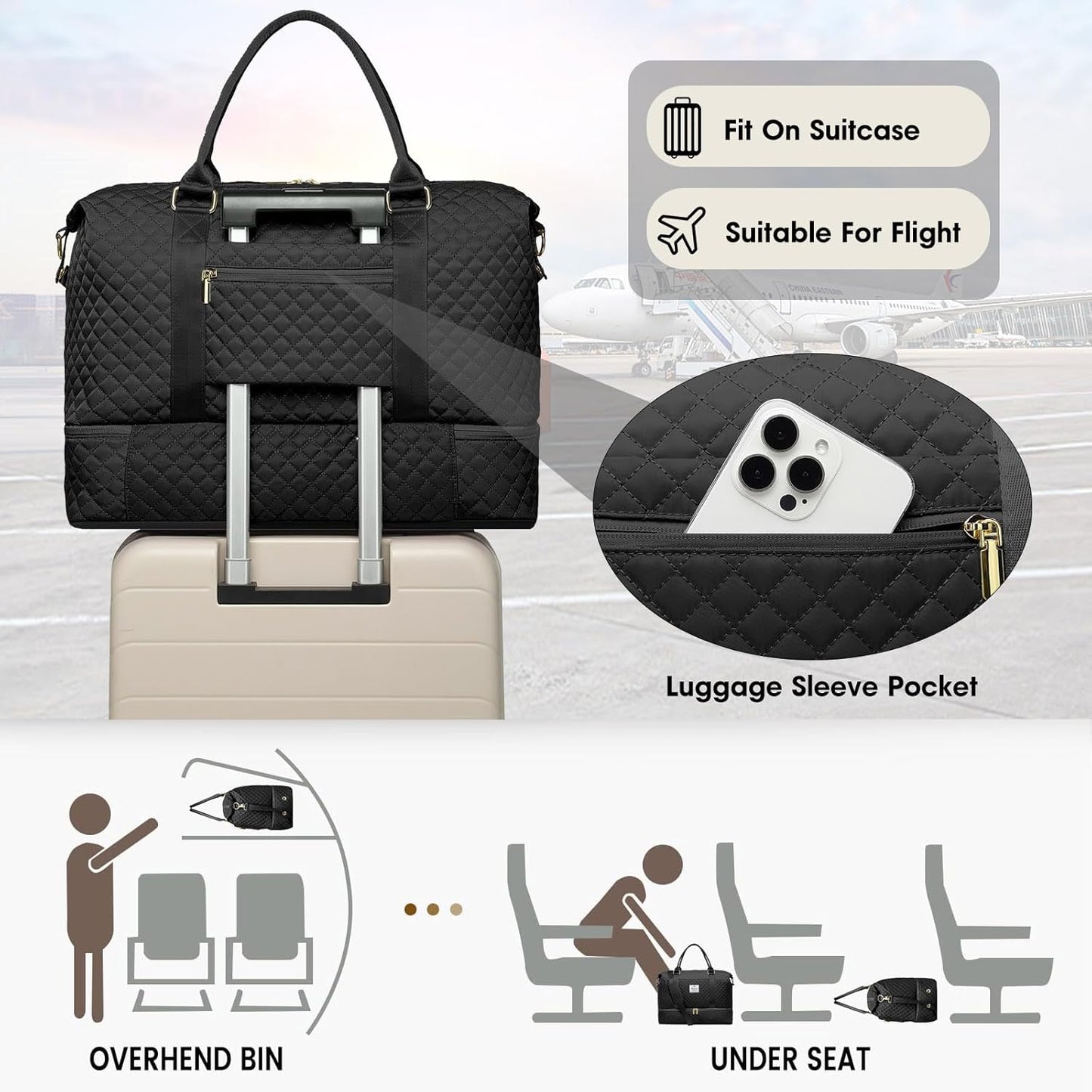 Large Women Travel Duffle Bag - Carry on Overnight Bags Weekend Travel Duffel Tote with Wet Pocket Weekender for Travel Business Trips Sports Hospital Black 3 Pcs Set