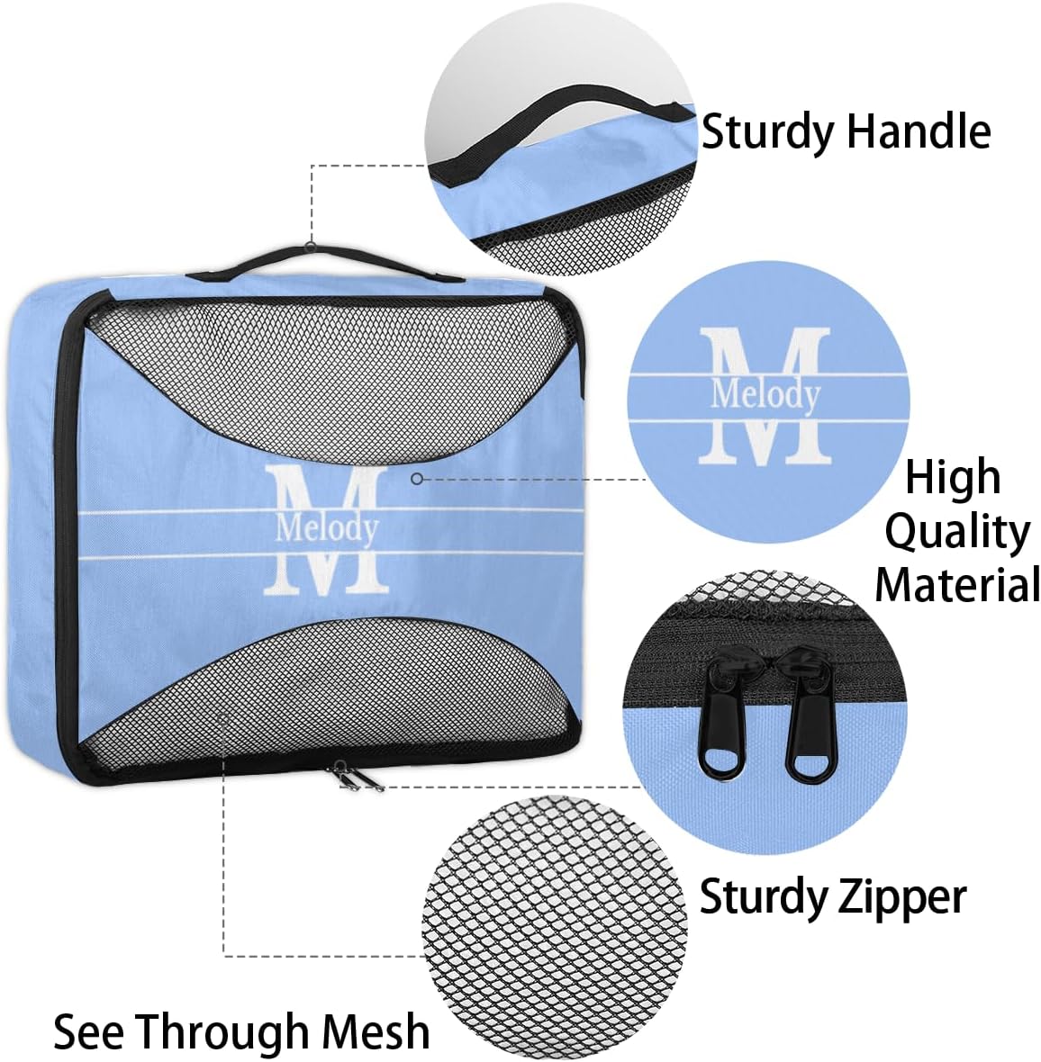 Custom Name 4 Pcs set travel luggage organizer Mesh Travel Essentials for Suitcases, Light Sky Blue with Initial Letter