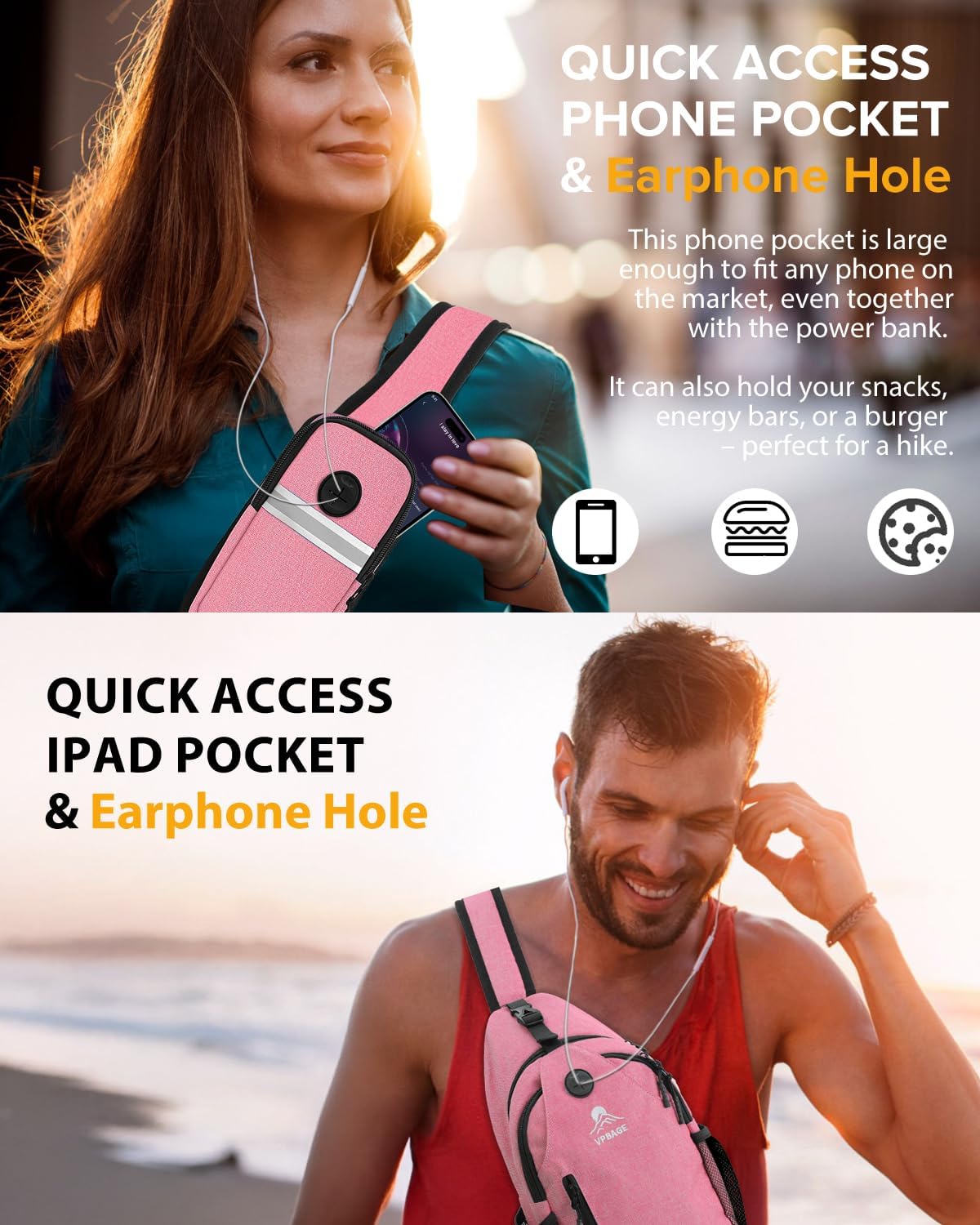 Sling Bag, Crossbody Bag for Men, Cross Body Hiking Backpack, Travel Daypack, Chest Pack with Chest Phone Holder