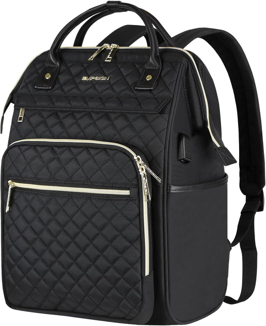 EMPSIGN 17 Inch Laptop Backpack for Women, Work Business Travel Computer College Bags, Large Capacity Water-repellent Quilted Casual Daypack with USB Port, Black