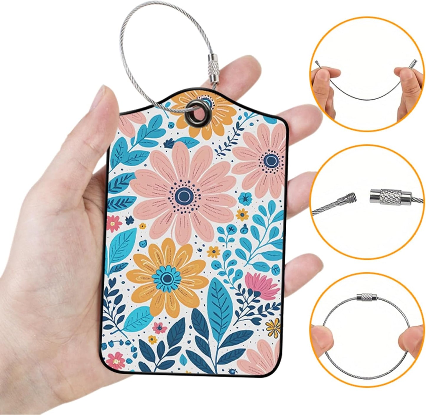 2 Pack Flowers Leather Luggage Tags for Suitcases, Travel Bag Tags with Privacy Cover ID Label with Stainless Steel Loop for Women Men Girls Backpack Gift (Pink Yellow)