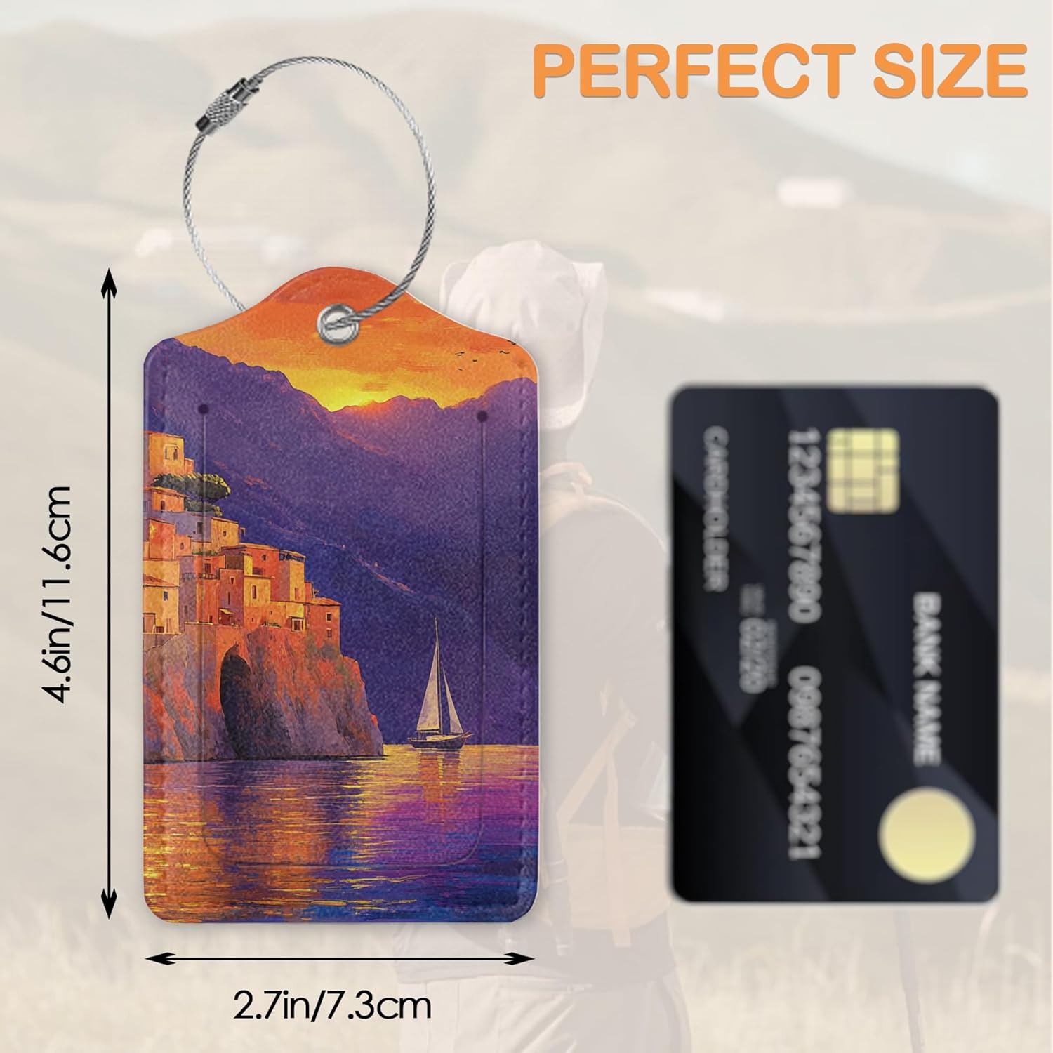 Retro Seaside Village 3 PCS PU Leather Luggage Tags for Suitcase, Sunset Luggage Tag with Privacy