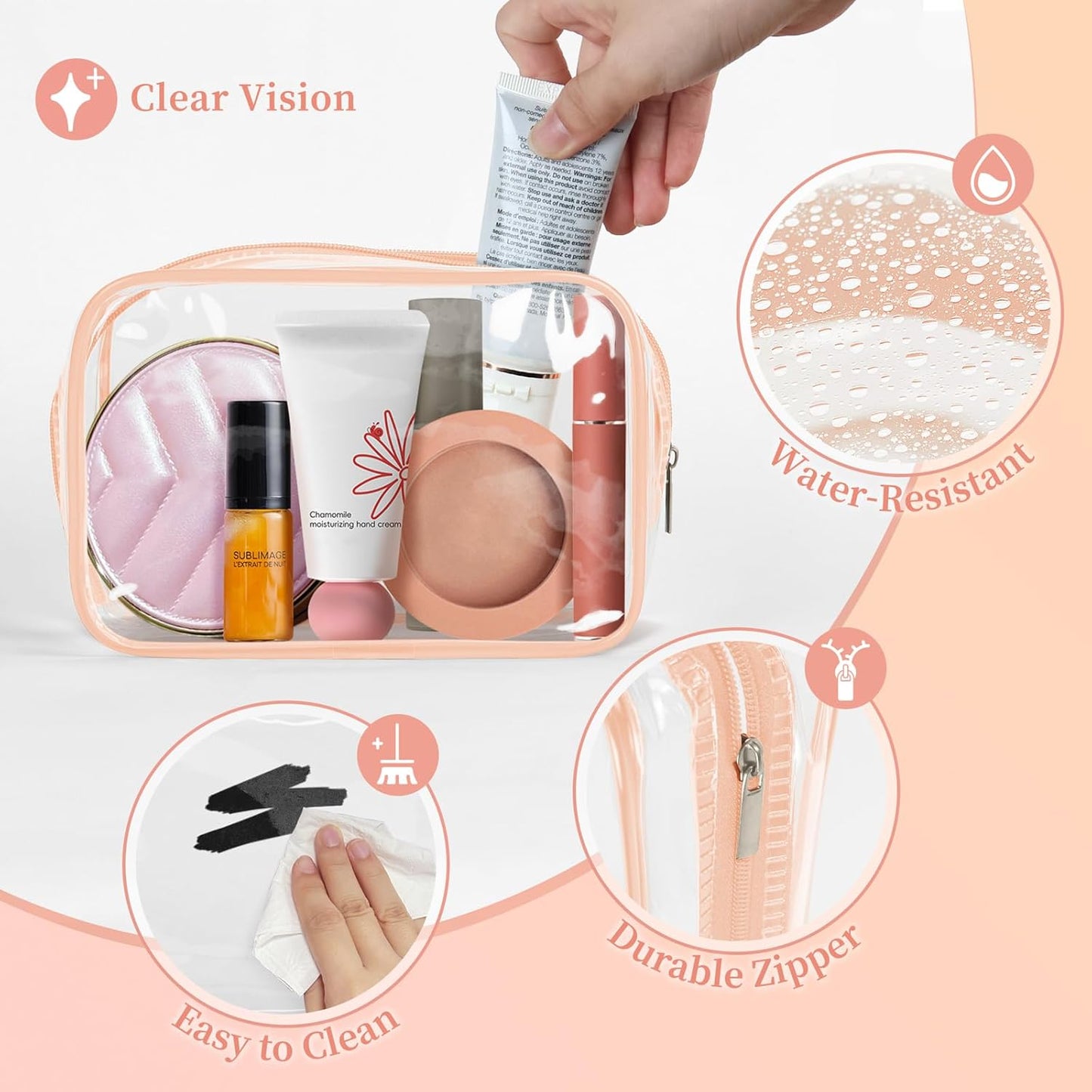 TISRATOK 12 PCS Clear Makeup Bag for Women with Zipper, TSA Approved Toiletry Pouch, Cosmetic Bag Bulk for Travel Organizer Essentials -Orange-pink, Small