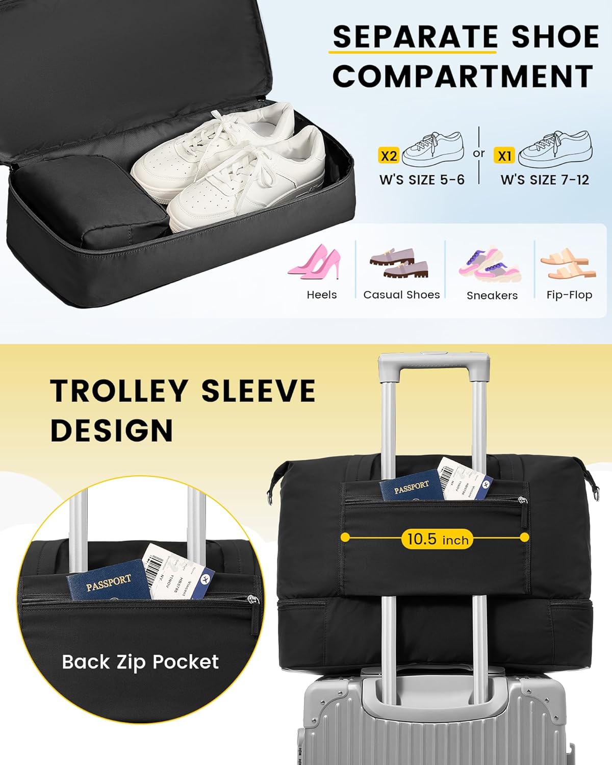 Vorspack Duffle Bag for Travel - 40L Gym Bag for Women Men Personal Item Travel Bag with Shoe