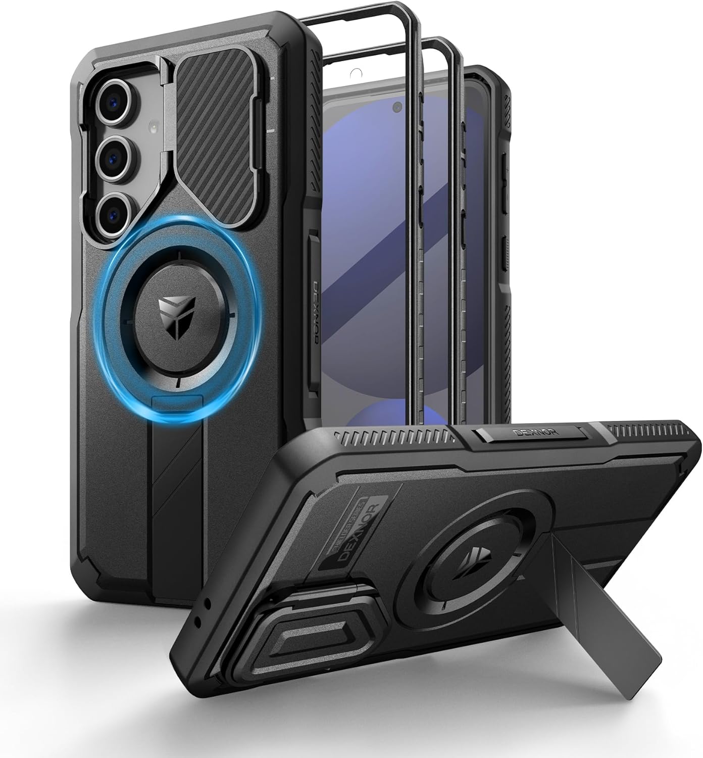 Dexnor for Samsung Galaxy S24 FE Case with Camera Cover & Adjustable Kickstand & Built-in Screen Protector, Magnetic Rugged Shockproof Bumper Cases Heavy-Duty Magnetic Protective Cover,Black