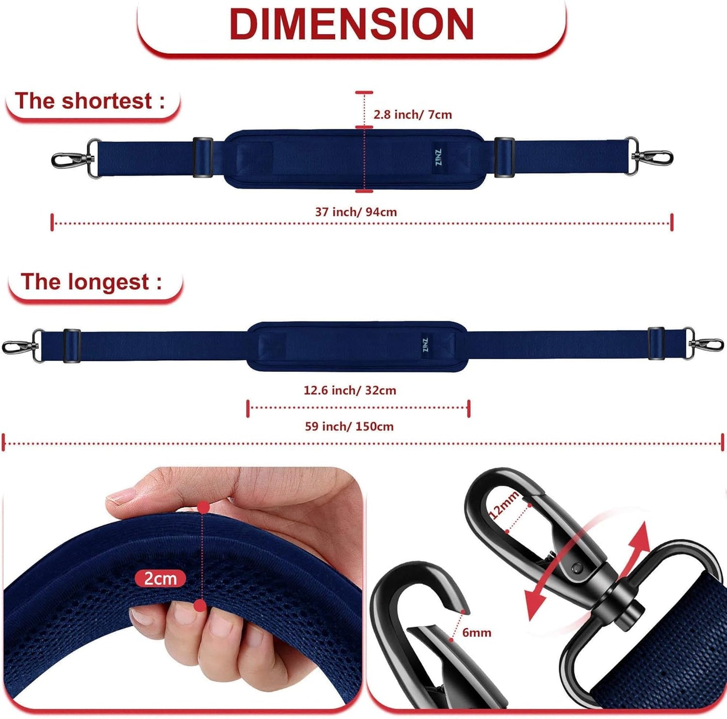 ZINZ Shoulder Strap - 59 Inch Universal Heavy-duty Adjustable Strap with Ultra-thick Fixed Breathable Pad for Laptop, Gym, Camera Bag and More -Dark blue