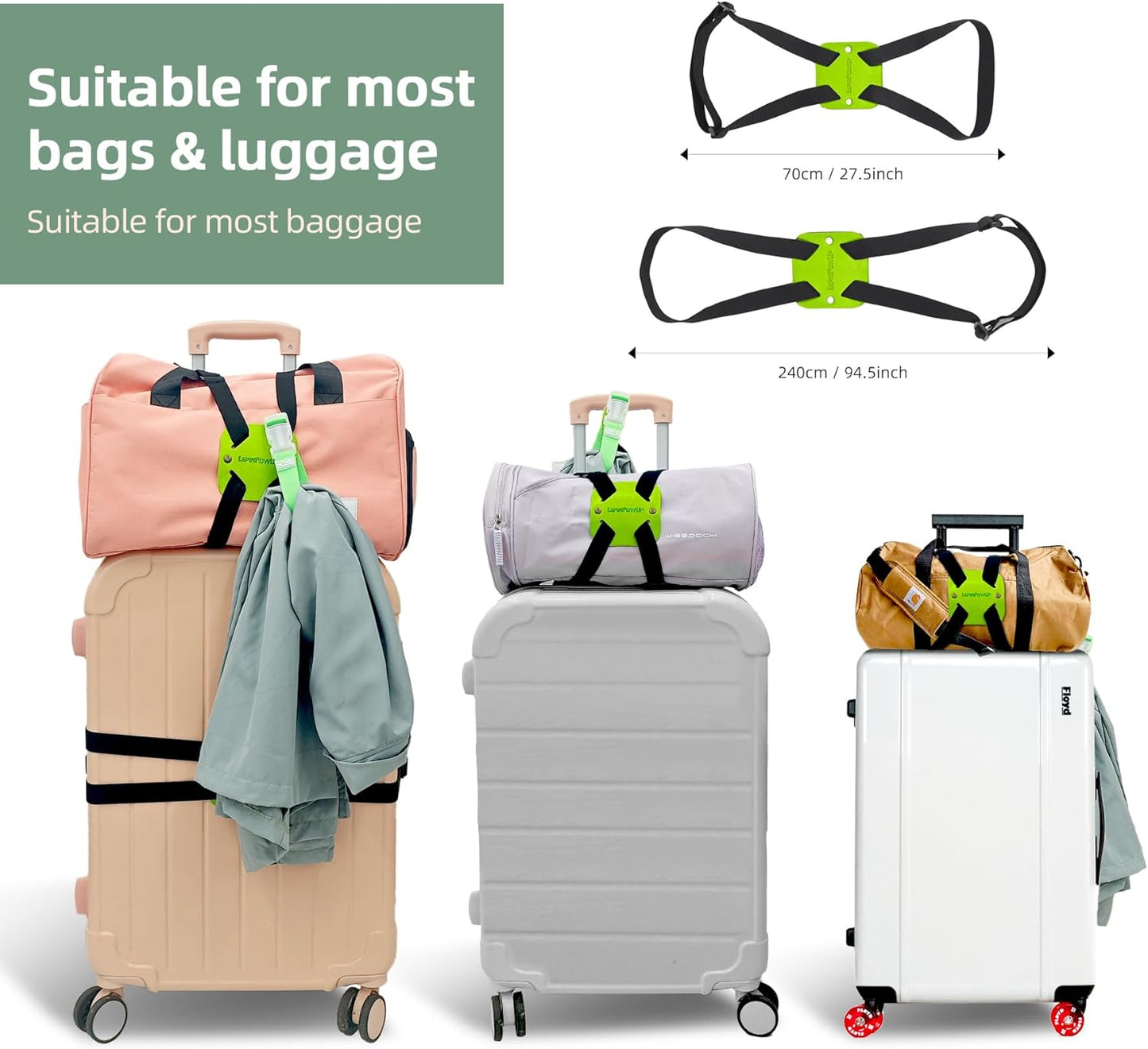 Luggage Straps Bag Bungees, Adjustable TSA-Approved – High Elastic Suitcase Belt for Securing Carry-On (1 Pack Green)
