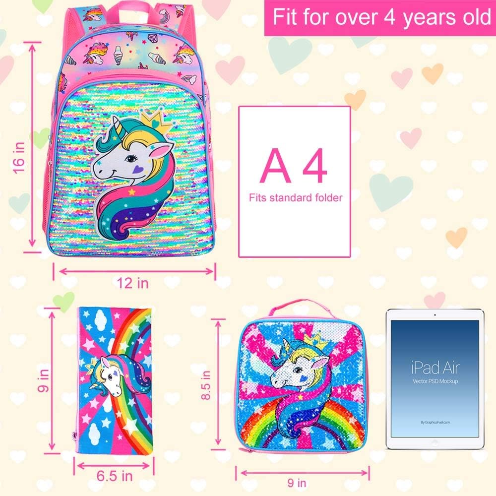 3PCS Kids Backpacks for Girls, 16" Little Kid Preschool School Bookbag and Lunch Box - Unicorn/Mermaid/Flamingo