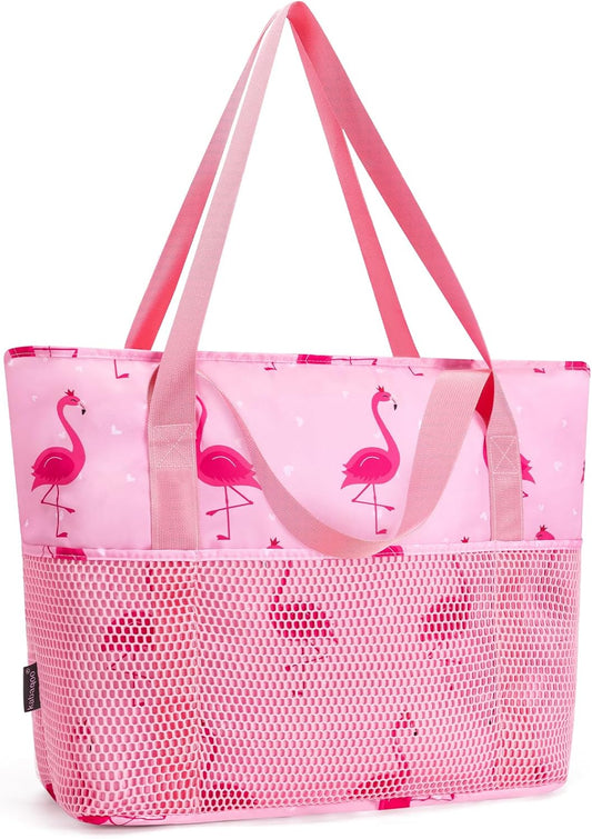KABAQOO Large Beach Bag Waterproof Sandproof Tote Bag for Women with Zipper & Mesh Pockets for Pool Swim Travel Everyday
