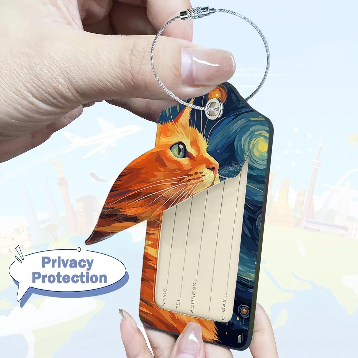 Luggage Tags for Suitcase,2 Pack Cat Starry Night Moon Luggage Tag with Privacy Flap,Name ID Label and Metal Loop for Women Men Teens Travel