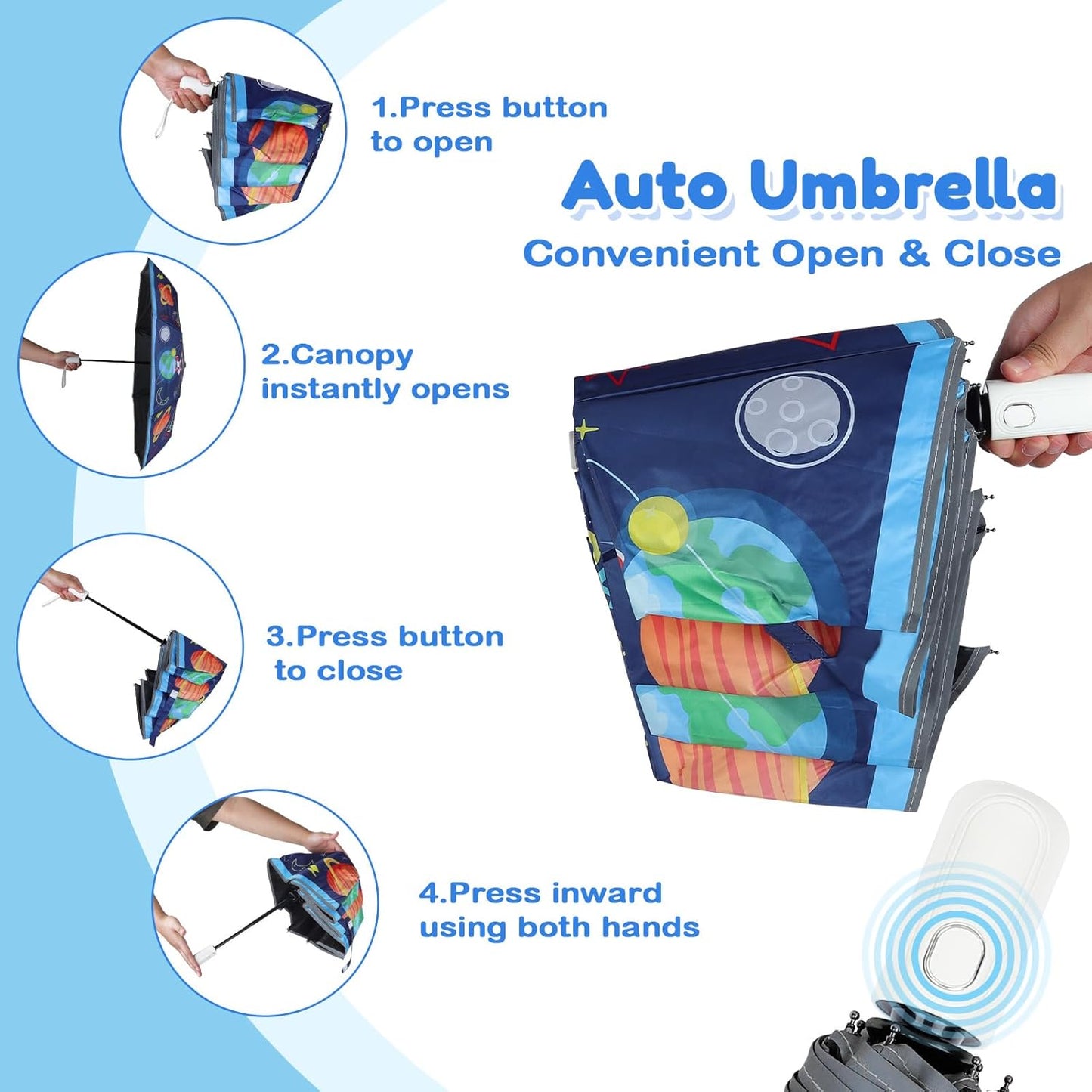 Autoamtic Kids Umbrella UV Resistant, Folding Compact Umbrella 360° Reflective Strip for Travel Outdoor, Lightweight Cute Kids Parasol Anti-rebound Safe for Toddler