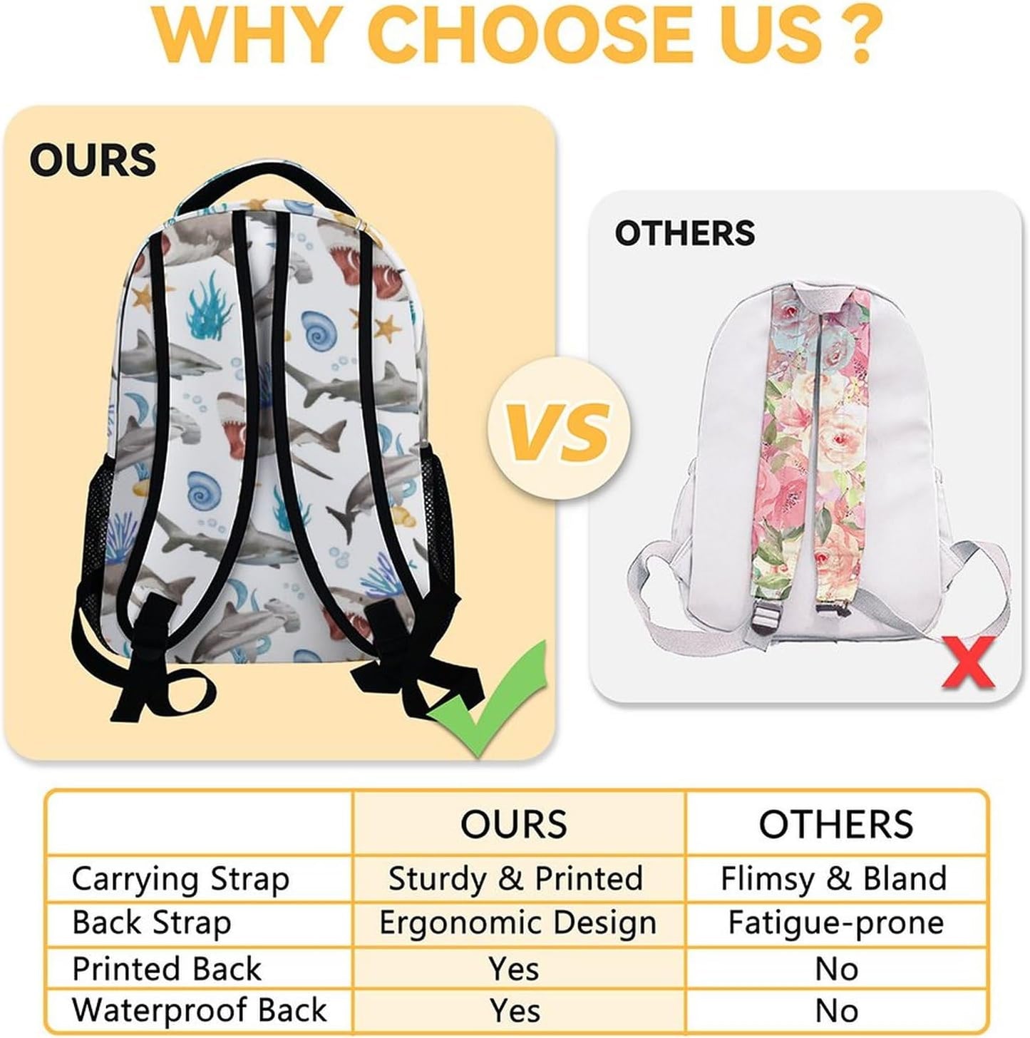 Custom Shark Backpacks for Boys, Large Capacity Backpack for School, Cute White Lightweight Bookbag
