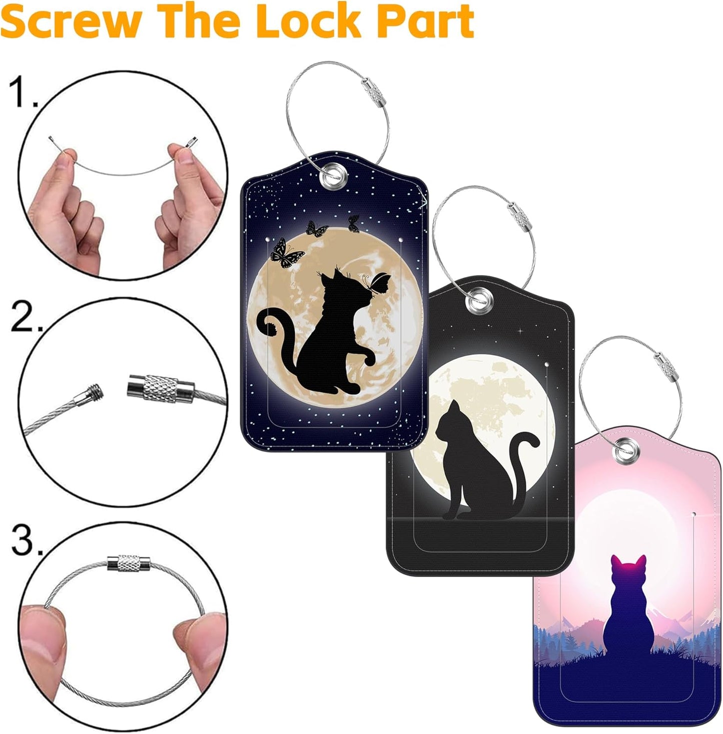 3 Pack Luggage Tags for suitcases Black Cat Under The Night Sky Leather Luggage Tag, Identifiers with Privacy Name ID Label and Metal Loop for Men Women Travel Bag Suitcase