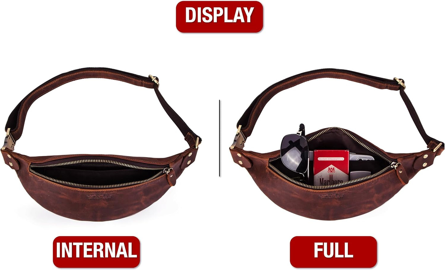 Top Grain Genuine Leather Slim Waist Pack for Man & Woman, Minimalist Vintage Design, Handmade with Detachable Hardware, Slim Fanny Pack Small Crossbody Belt Bag for Traveling or Riding, Red Coffee
