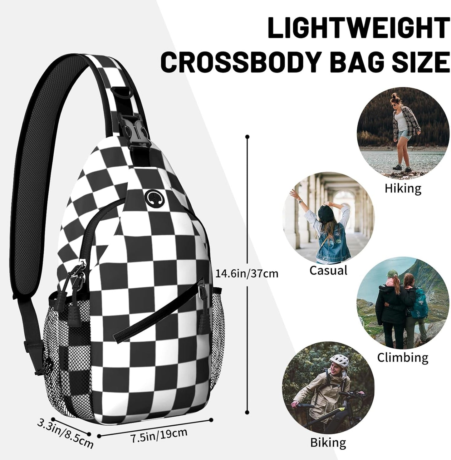 Black White Checkered Sling Bag Crossbody Chest Bag for Women Men, Water Resistant Lightweight Casual Crossbody Bag with Adjustable Strap, Travel Hiking Daypack Shoulder Backpack