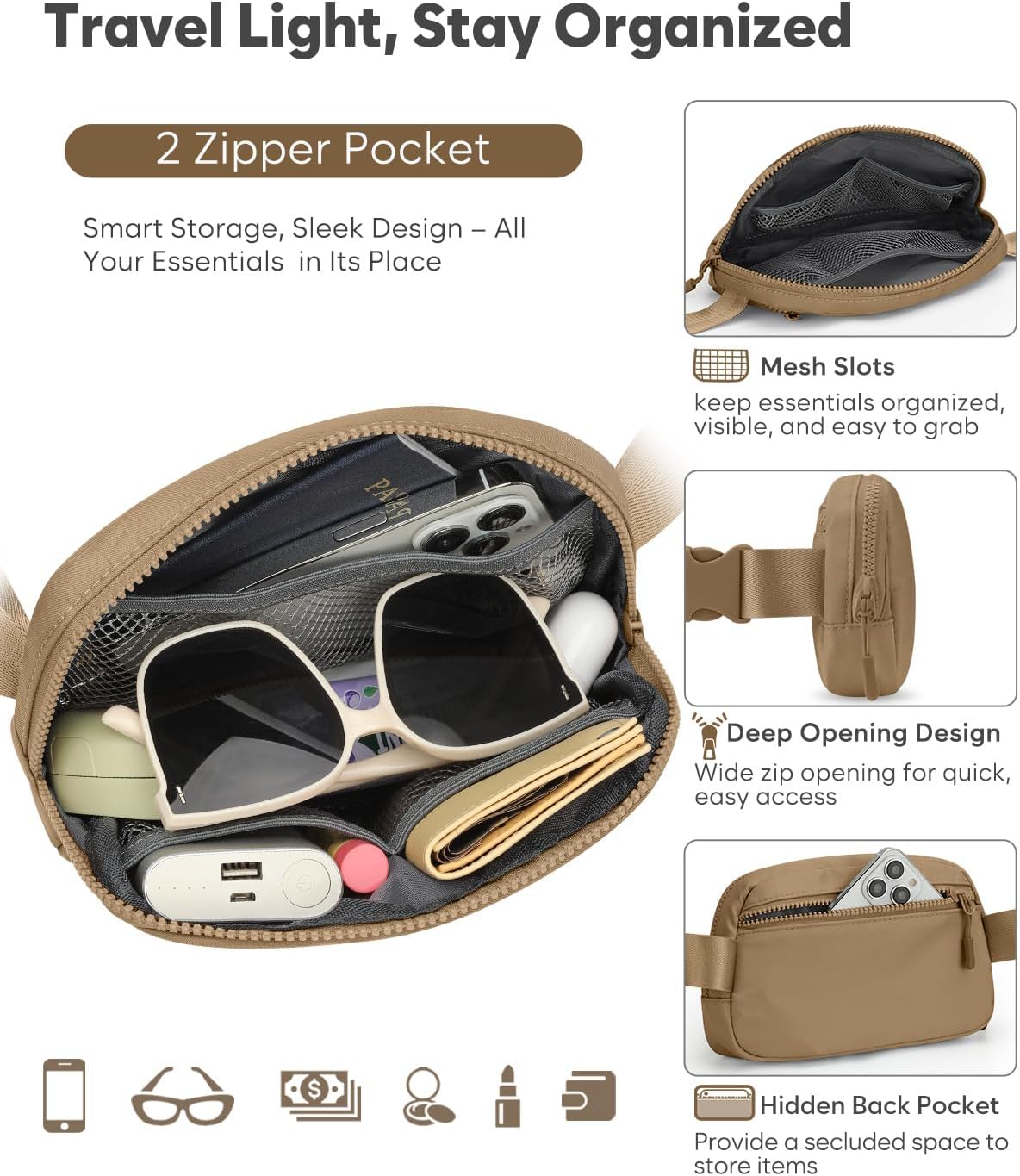 Fanny Packs for Women Cross Body Bag Waterproof Belt Bag with Adjustable Strap and Zipper Back Pocket Small Crossbody Bags Fashion Waist Packs for Workout Travelling(Khaki)