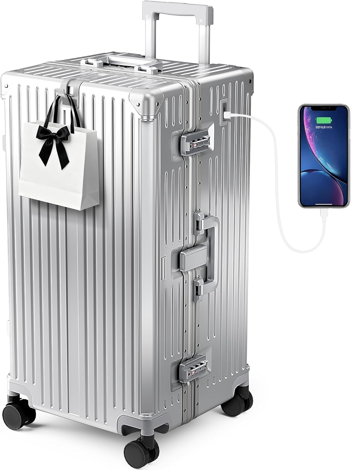 ALPHA CAMP Trunk Luggage, Large 30 Inch Thickened Aluminum Frame Luggage with TSA Spinner Wheels, 3-Layer PC Hardside Lightweight Zipperless Travel Suitcase, Type-C USB Charging Port, Cup Holder
