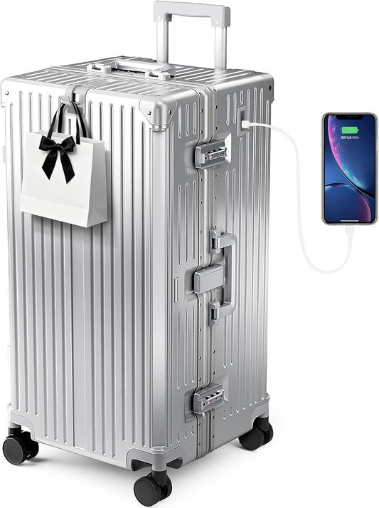 ALPHA CAMP Trunk Luggage, Large 30 Inch Thickened Aluminum Frame Luggage with TSA Spinner Wheels, 3-Layer PC Hardside Lightweight Zipperless Travel Suitcase, Type-C USB Charging Port, Cup Holder