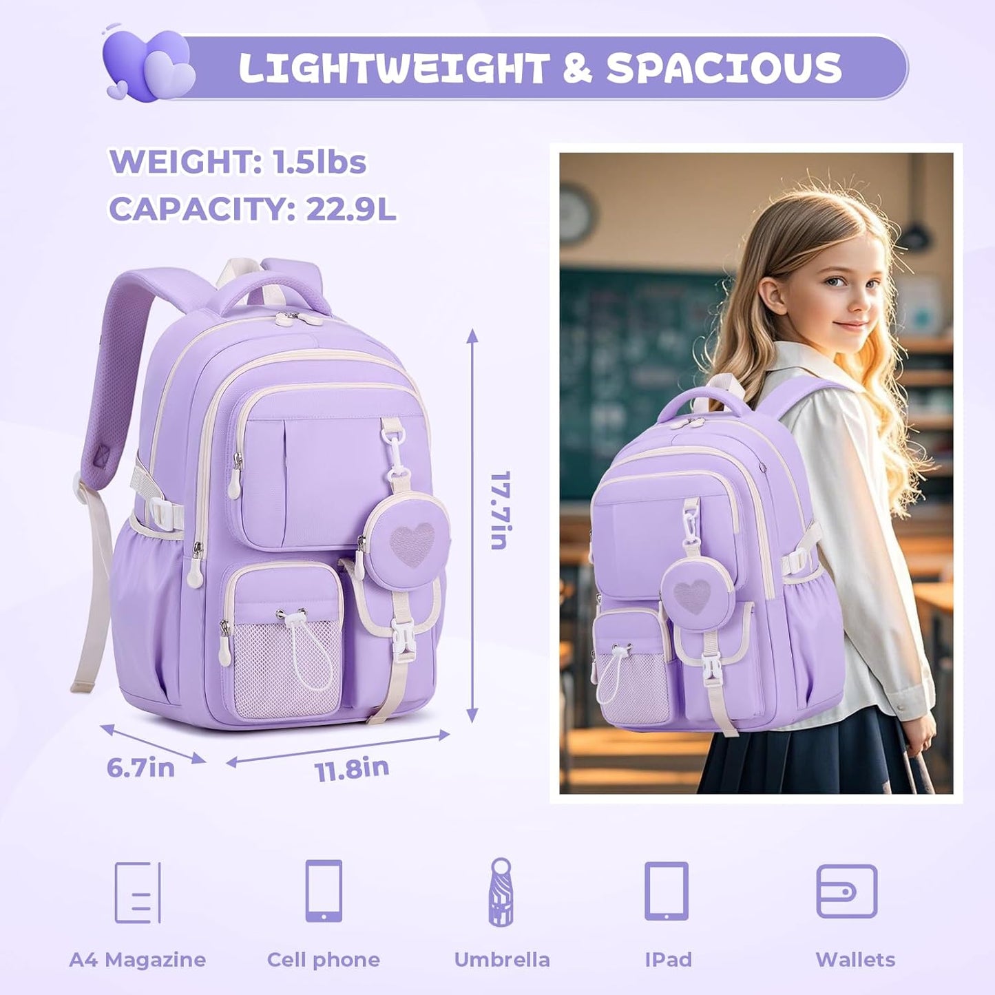 MOONBABY Girls Backpack, Kids Backpack for Girls, School bag for Primary Elementary Teenage, Middle School Students Bookbag