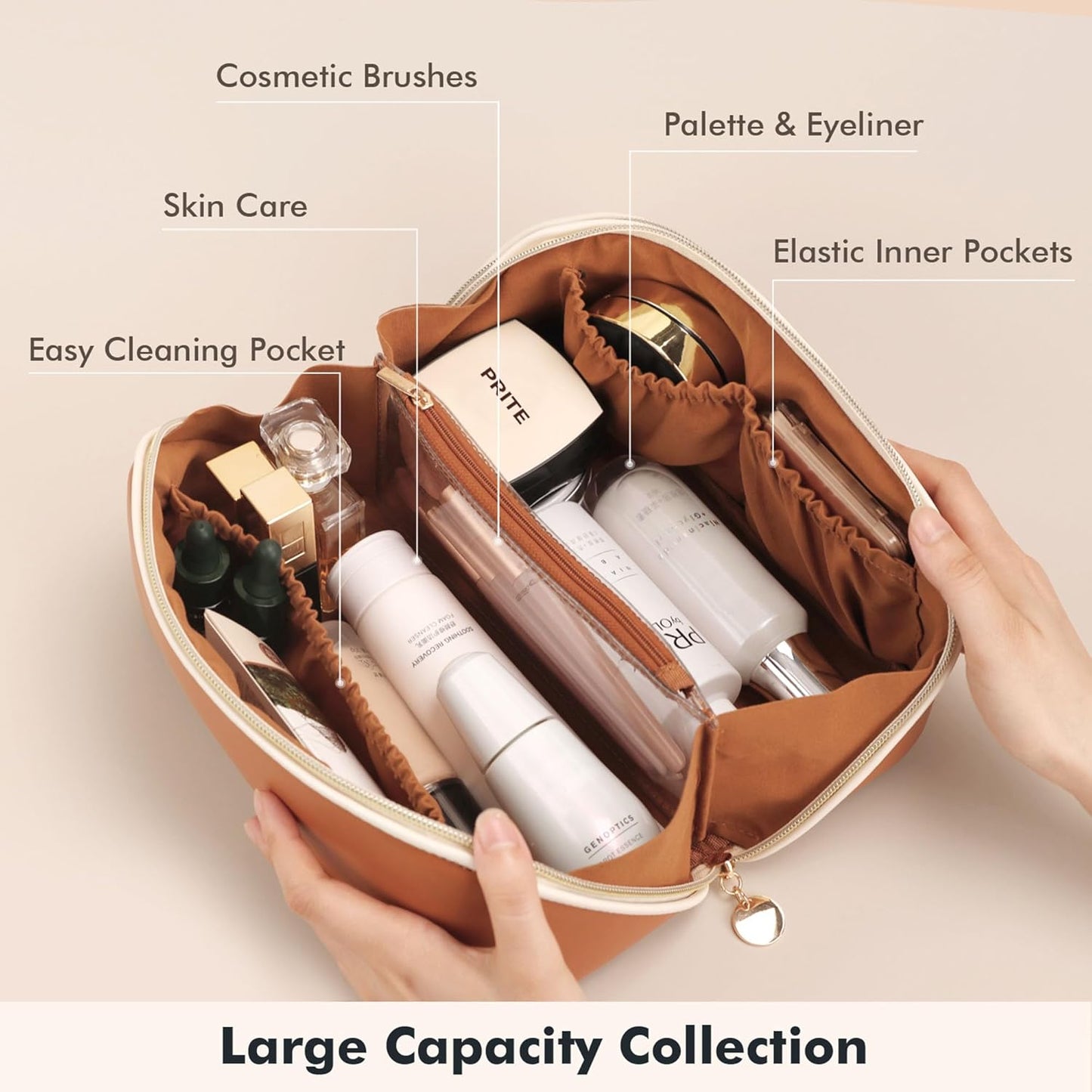 Prite Makeup Bag for Women Travel Waterproof Vegan Leather Cosmetic Bag Open Flat Toiletry Bag With Clear Divider and Handle (Large Brown)