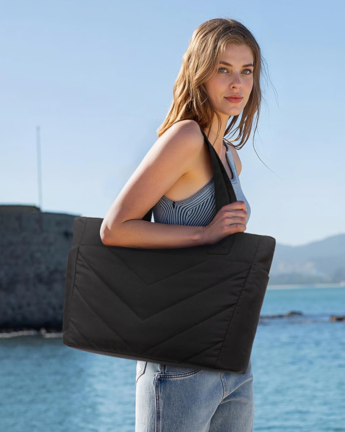 LOVEVOOK Tote Bag for Women, Puffer Work Travel Handbag with Zipper for Teacher Nurse, Quilted Cute Laptop Shoulder Gym Bag