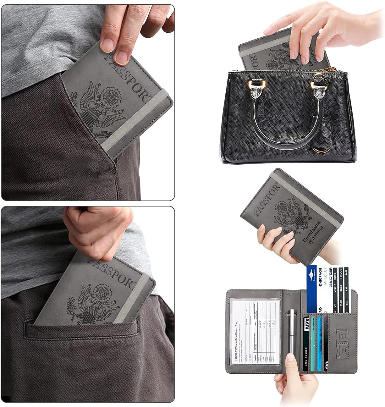 WALNEW Passport Holder for Travel, RFID Passport Cover Wallet for Women Men, PU Leather Passport Book Card Holder Case with Pen, Travelling Essentials for Flying