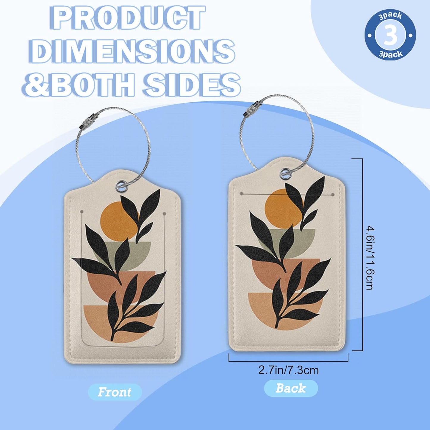 Set of 3 Luggage Tags,Abstract Minimalist Botanical Painting Leather Suitcases Tag Identifiers with Privacy Name Address Labels & Durable Steel Loop for Women Men Travel