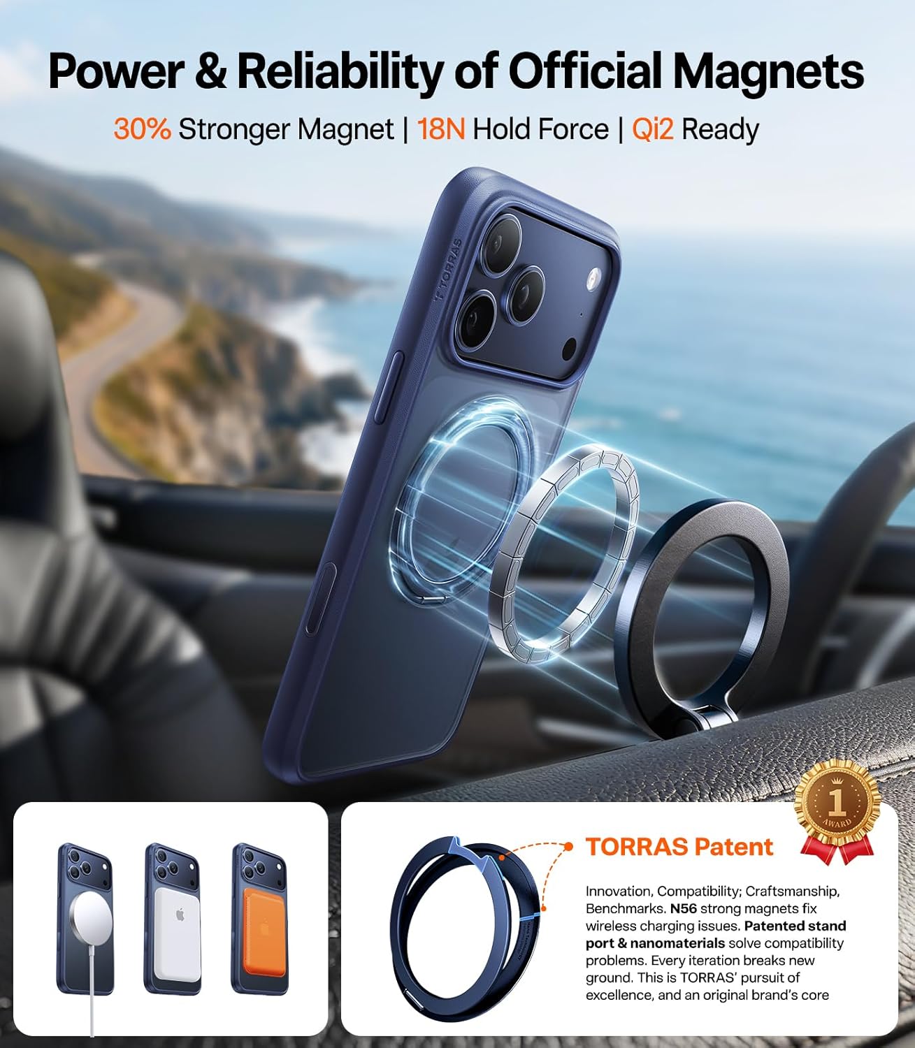 TORRAS Upgraded 360 Magnetic Stand for iPhone 17 Pro Max Case, Fit for MagSafe with Ring, 4X Mil-Grade Protection, Camera Control, Translucent Slim for iPhone 17 ProMax Case Ostand, Deep Blue