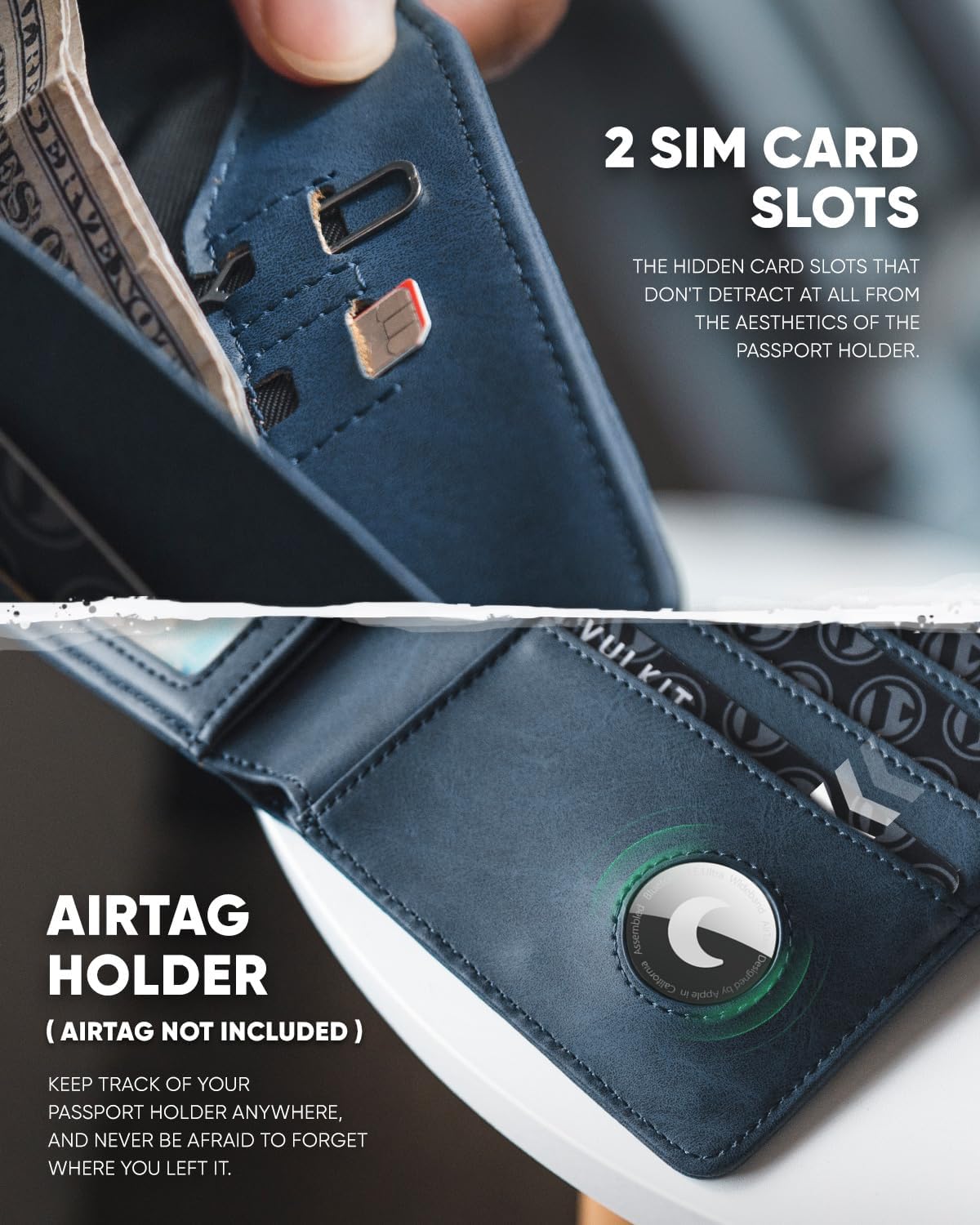 Real Leather Wallet Airtag Compatible RFID Bifold Travel Card Holder Black (Navy)