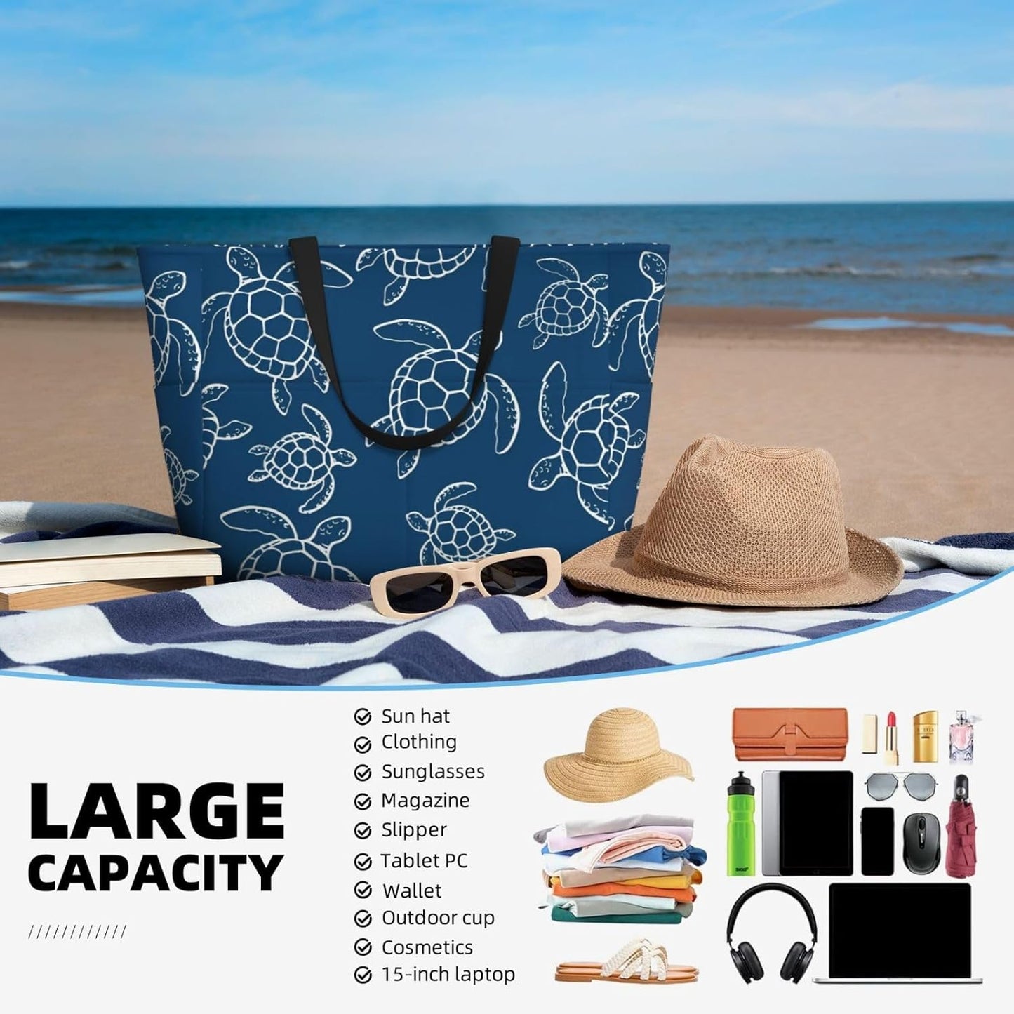 Large Travel Beach Tote Bag with Zipper Pockets Portable Lightweight Gym Bag Picnic Outdoor