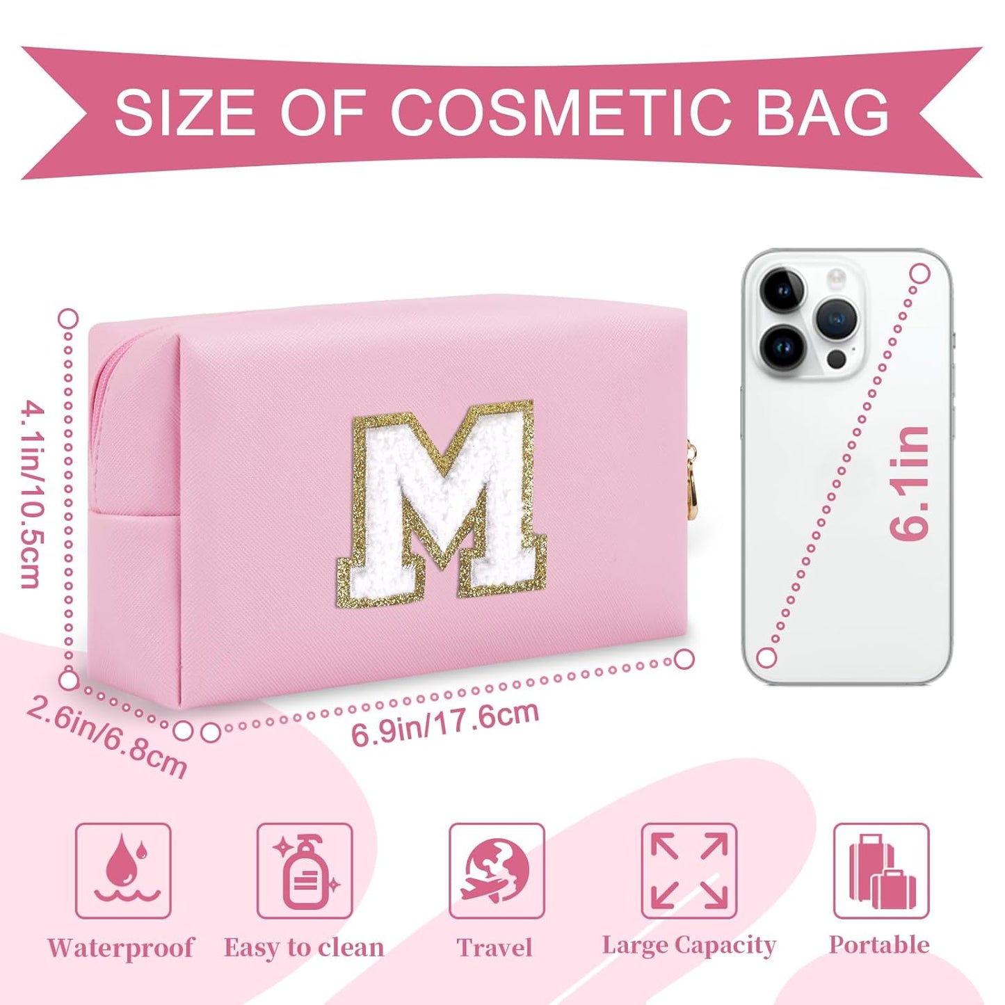 Personalized Initial A-Z Preppy Patch Makeup Bag,Small PU Chenille Letter Cosmetic Bag with Zipper for Teen Girls,Pink Cute Toiletry Organizer Bag,Monogram Makeup Case Gift for Women Girls,Letter M