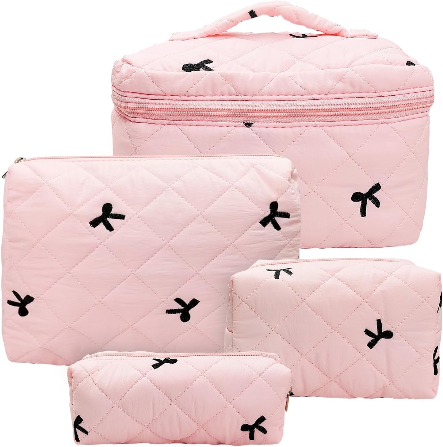 Quilted Cosmetic Bag Large Capacity Travel Cosmetic Bag for Women and Girls Aesthetic Storage for Daily and Travel Use Pink Bowknot 4pcs Pink Embroidery Bowknot