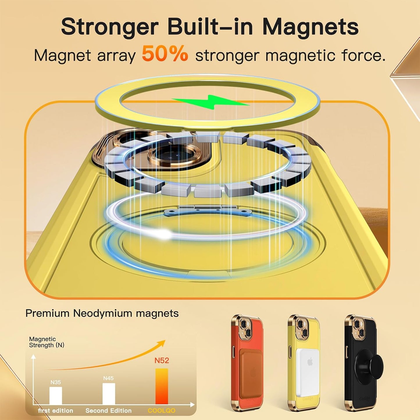 COOLQO for iPhone 13 Case 6.1'' Upgraded 360° Spin Magnetic Stand [Compatible with Magsafe][Military Protection] Plating Matte Scratch-Resistant Back Protective Shockproof Phone Case, Yellow Gold