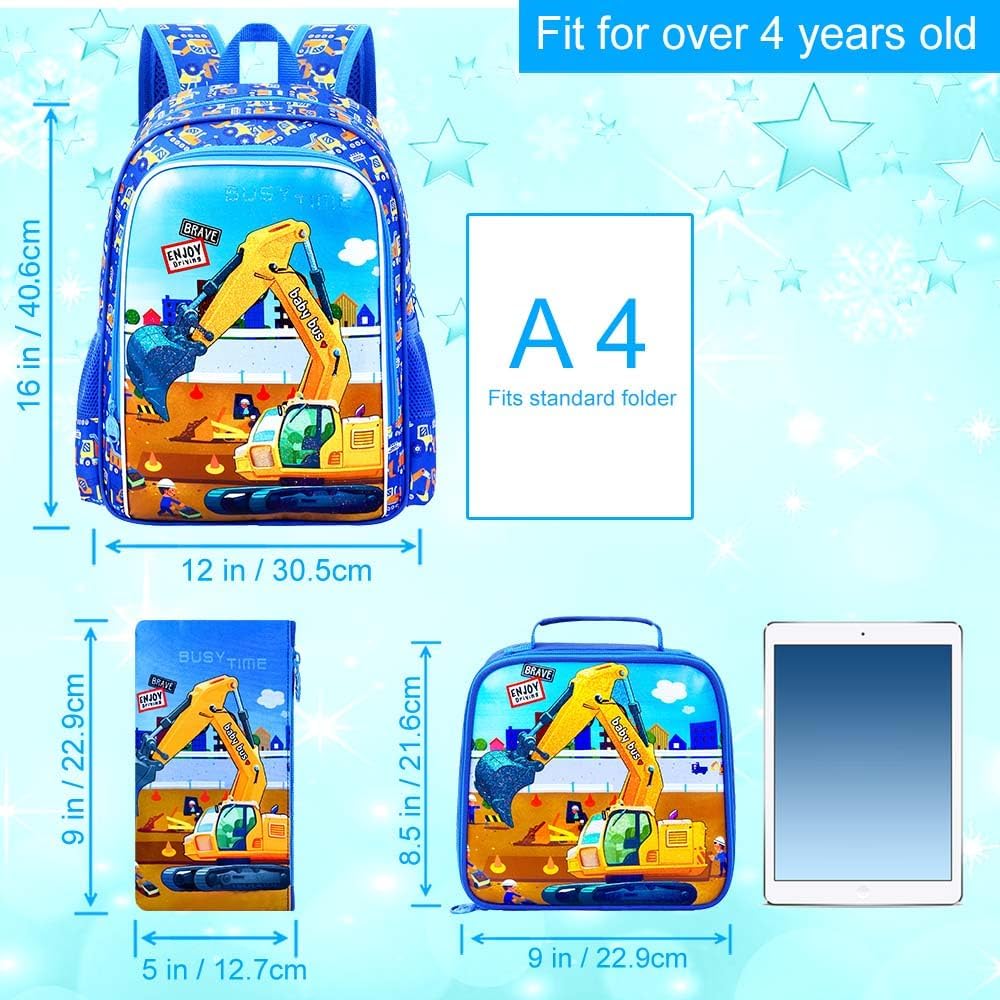 3PCS Excavator Backpack for Boys, Water Resistant Kids Digger Bookbag Set with Lunch Box, Cute School Bag for Preschool Toddler