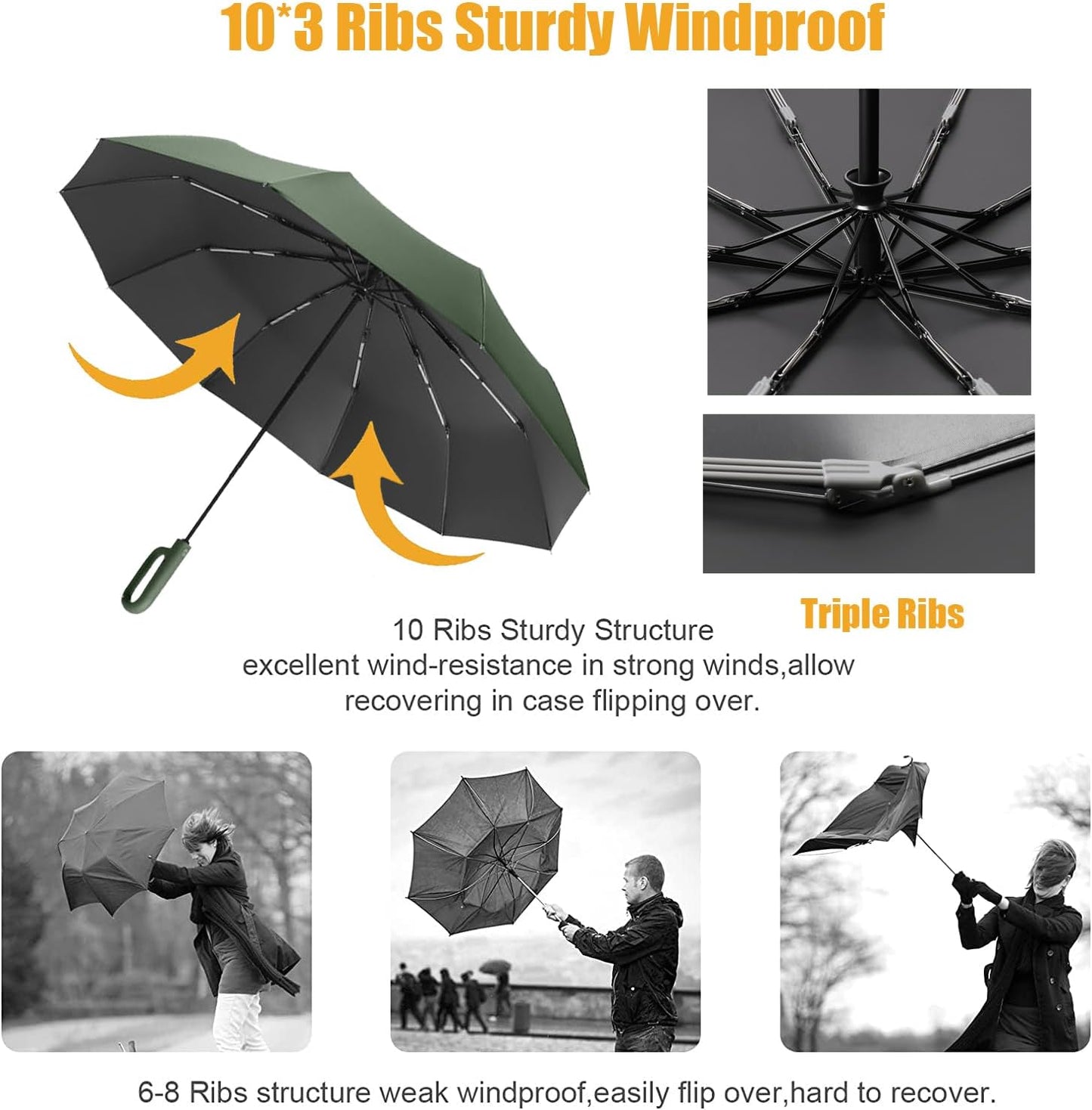 Travel Folding Golf Umbrella 10 Ribs Automatic Open/Close,Lightweight Compact Portable Backpack Car Parasol Outdoor,Sun/Rain,Anti 99 UV Protection UPF 50,Men Women Carabiner Handle Design